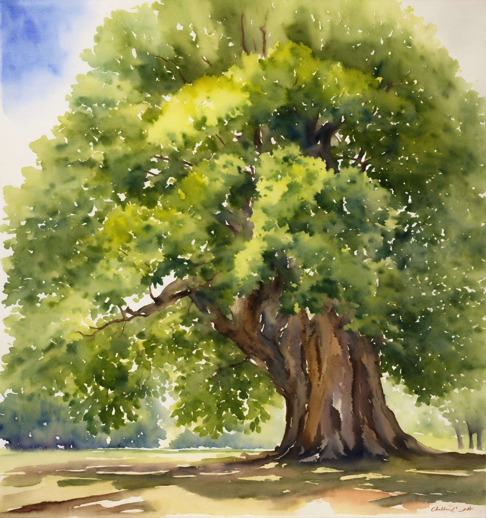 Lexica - Watercolor painting of a big and ancient chestnut tree