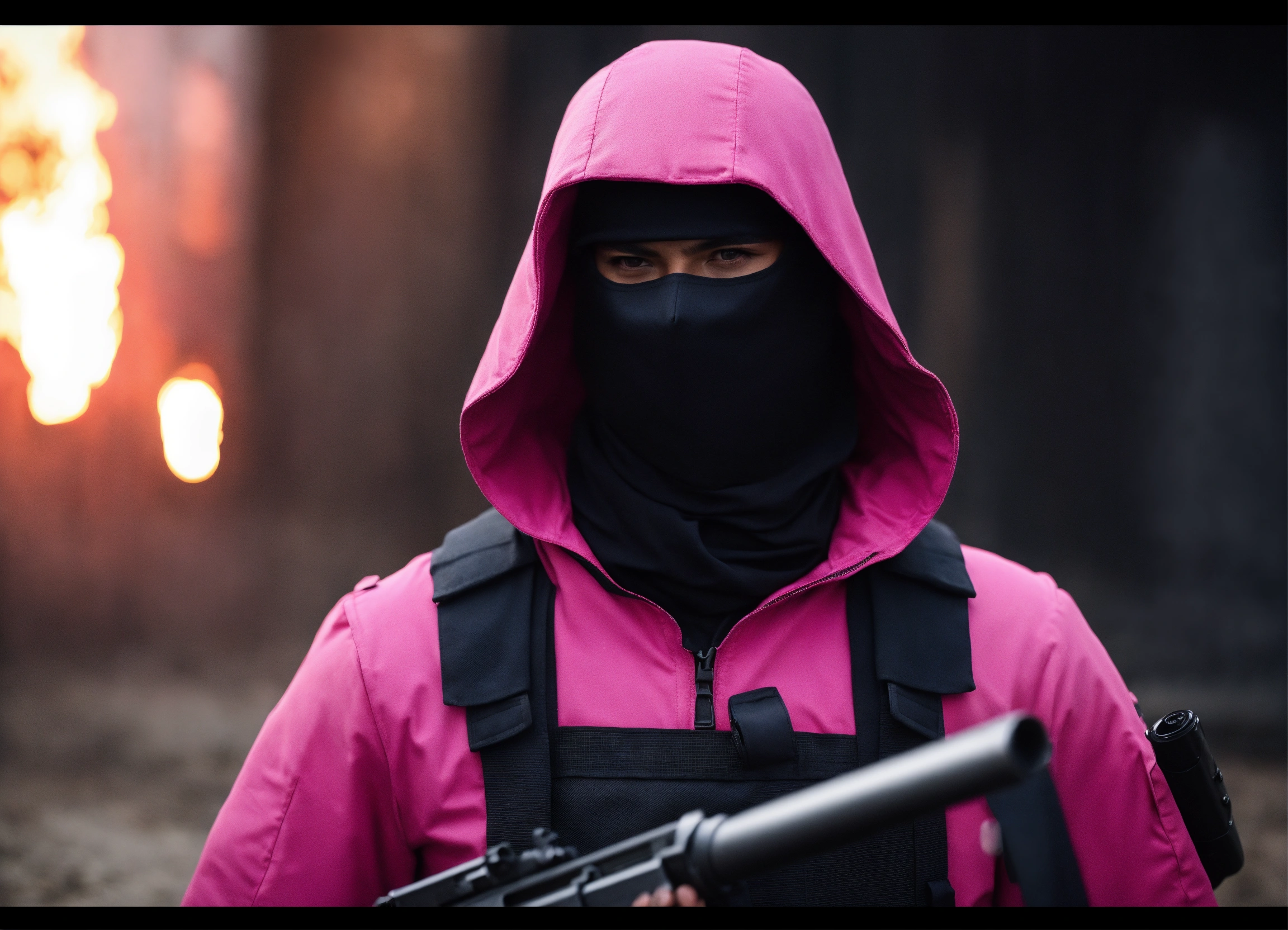 Lexica - Man ; pink comando outfit ; battlefield ; masked face ; black hood