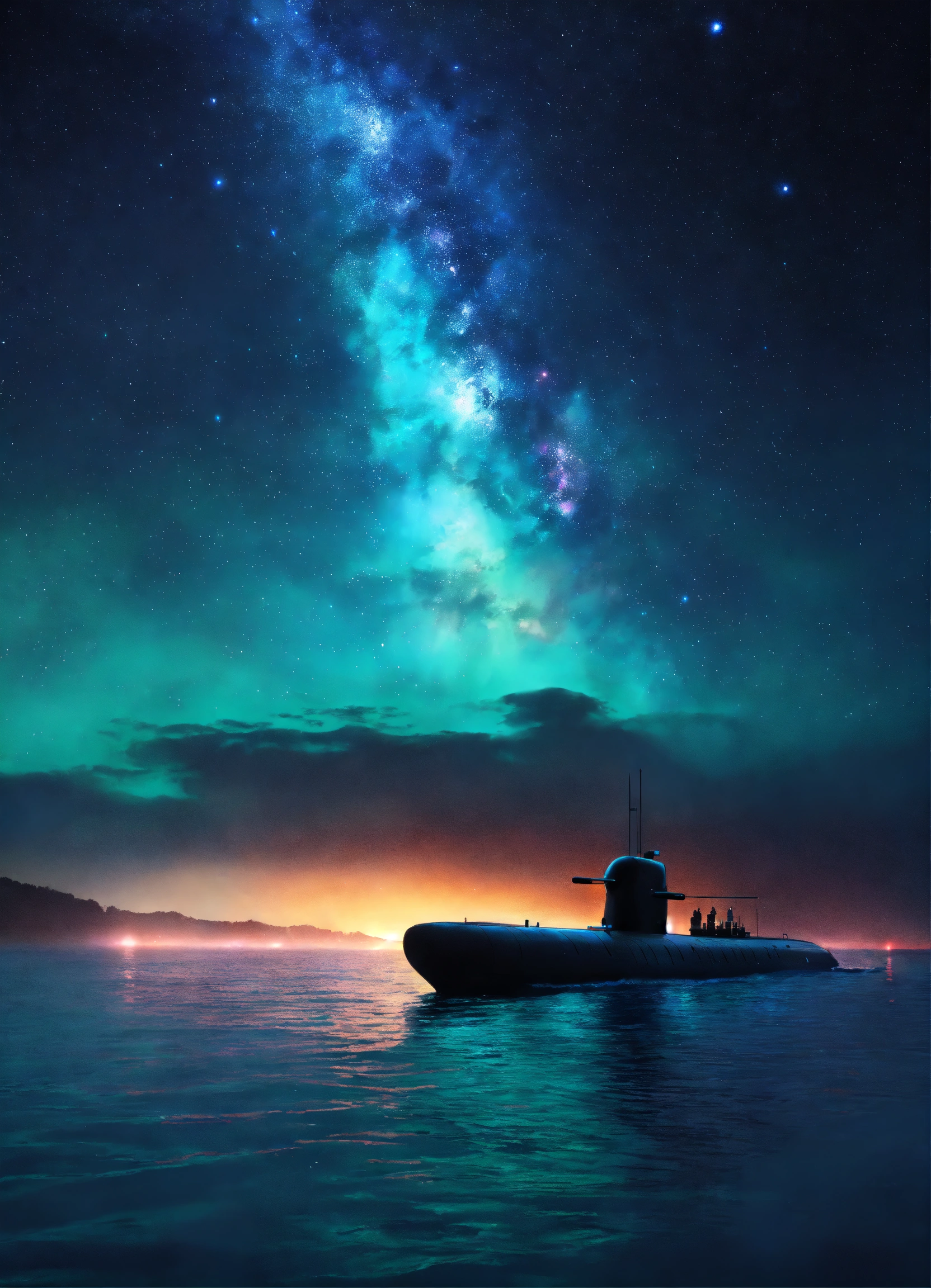 Lexica - (submarine sailing into a bioluminescence sea with a galaxy in ...