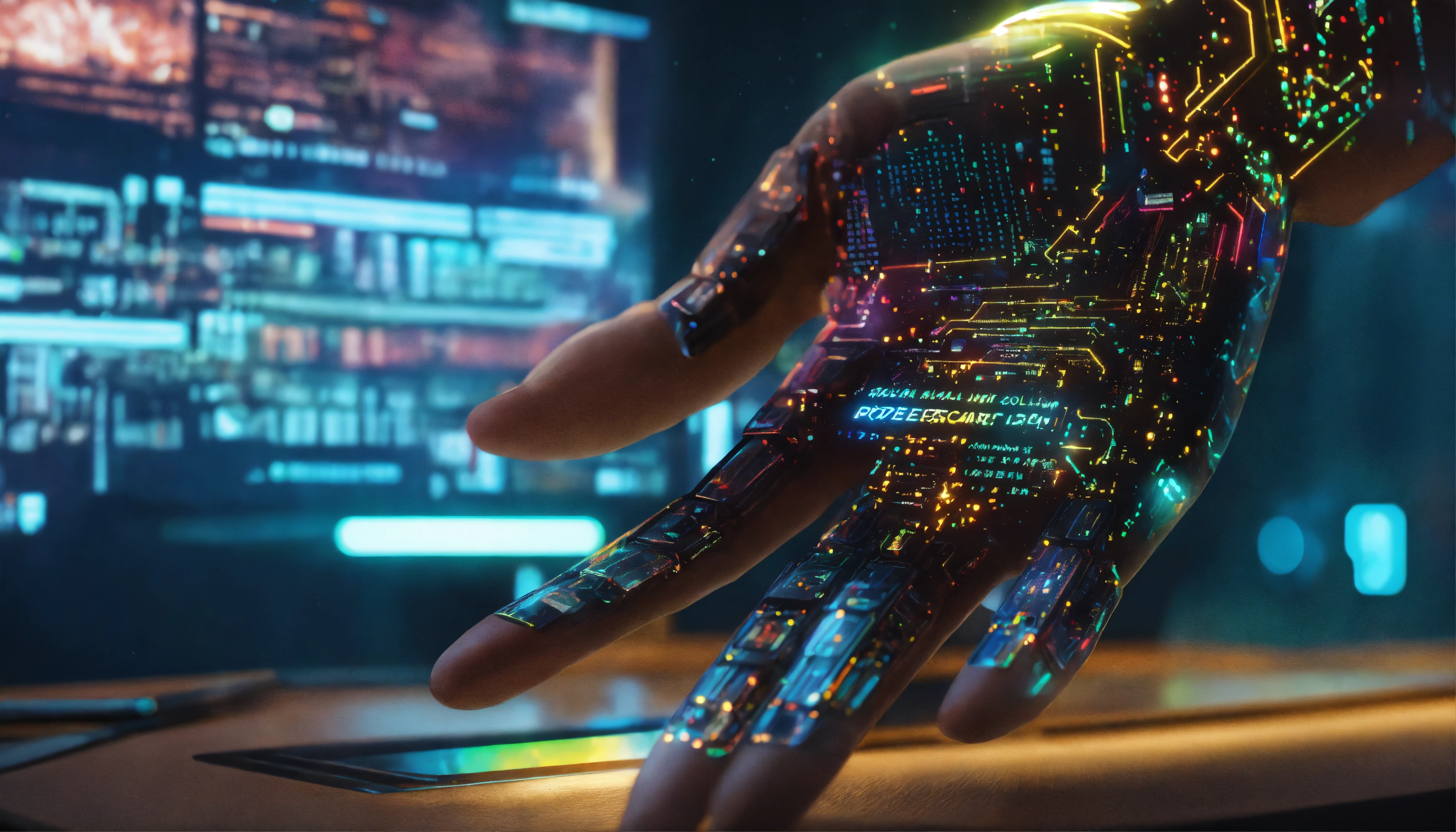 Lexica - Digital hologram code shines from the hand, cyberpunk style ...