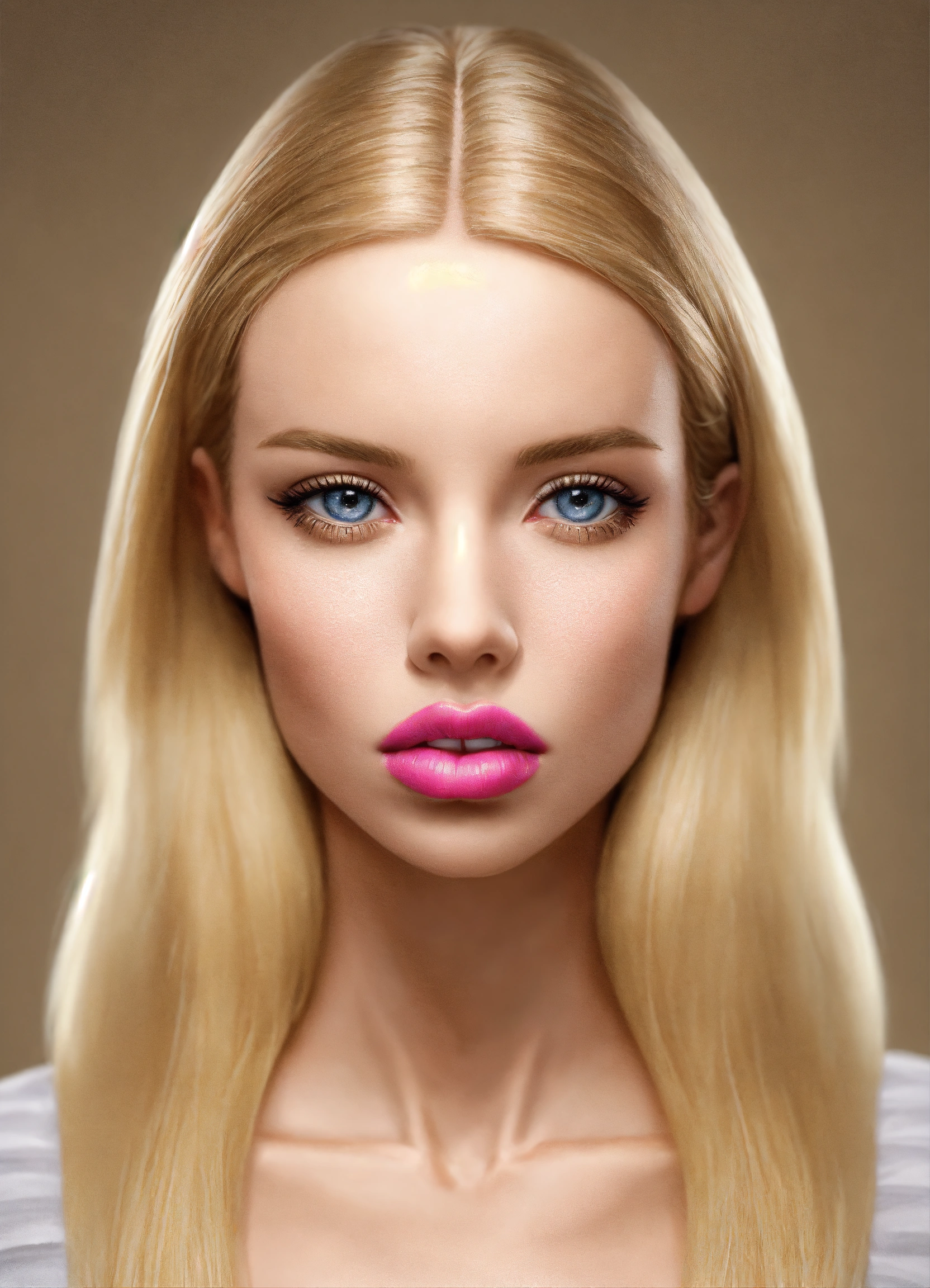 Lexica - Barbie girl fake blond woman big lips face front on symmetrical  photo realistic