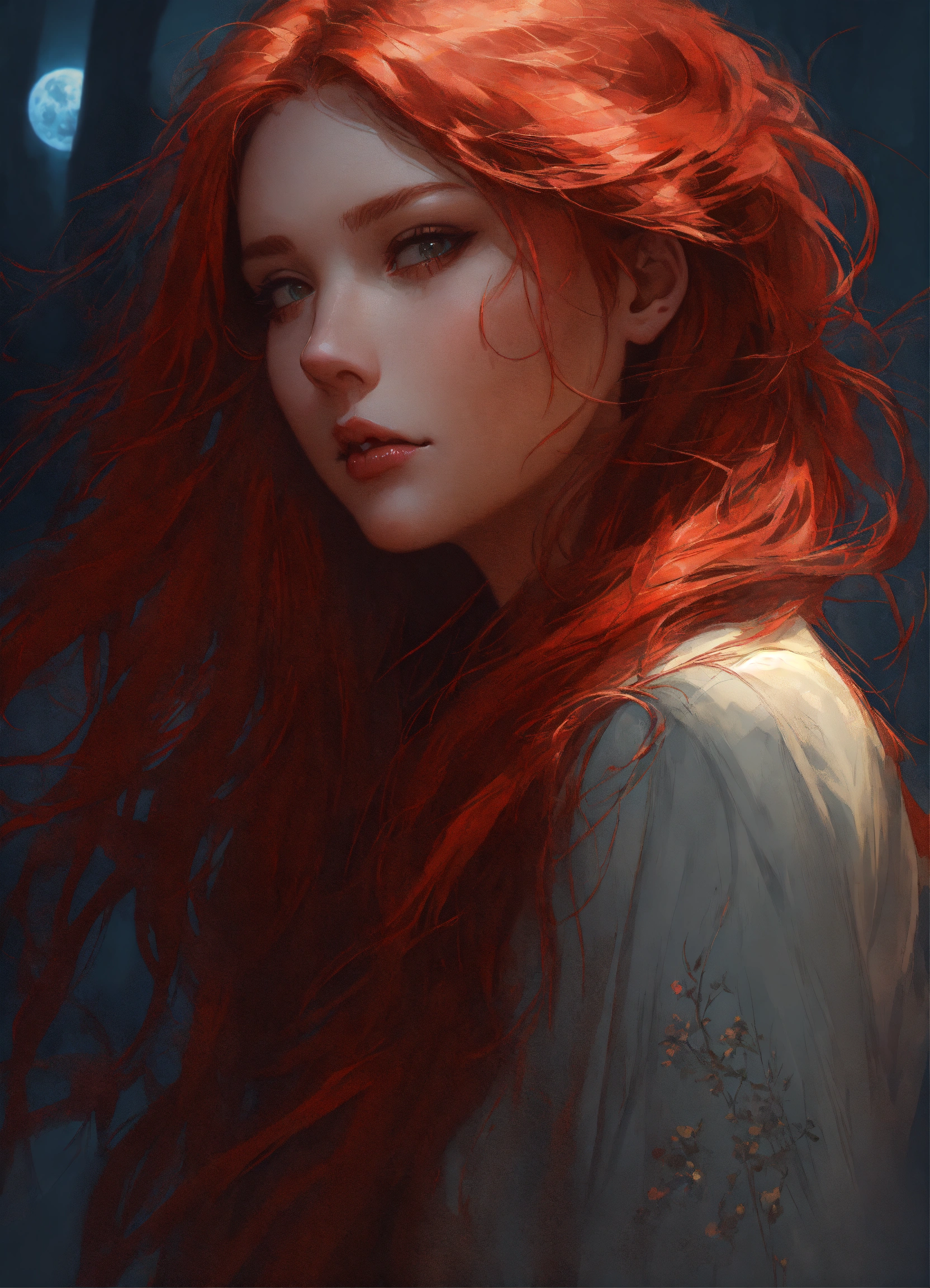 Lexica Beautiful, red hair, vampire, long hair, mysterious moonlit