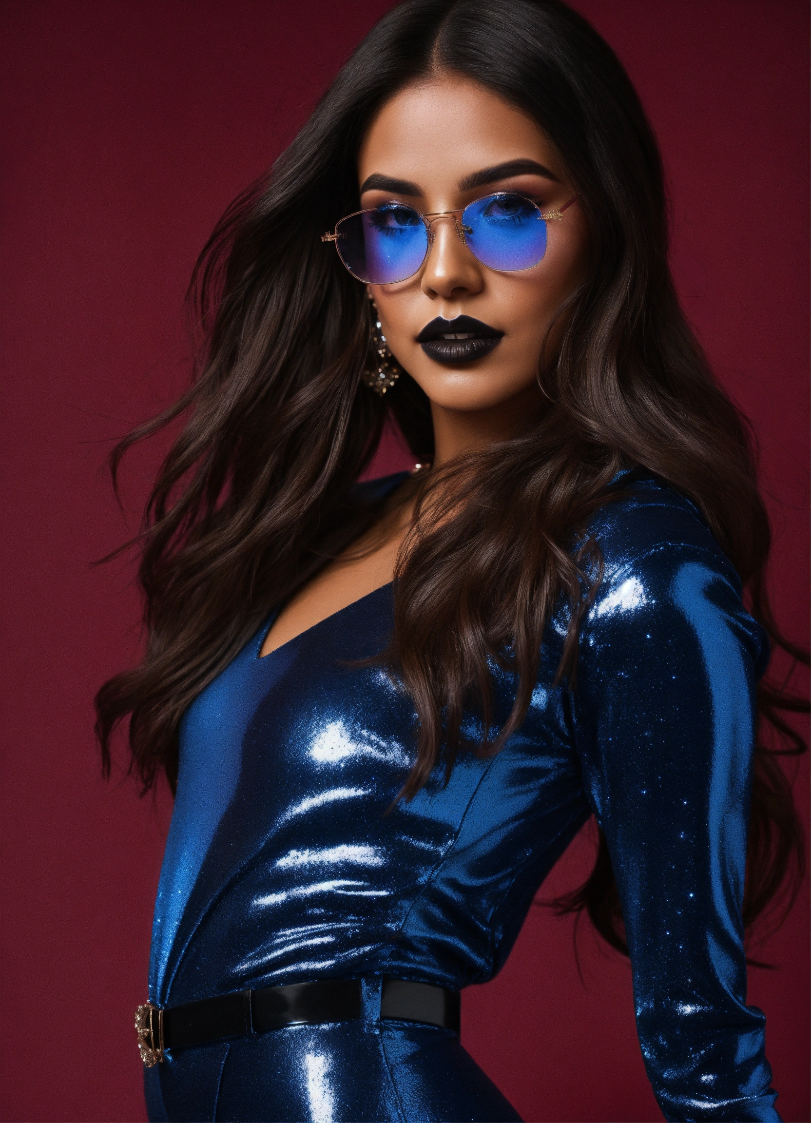 Lexica - Petite latina woman with long straight hair wearing rimless  glasses and sparkly blue metallic jumpsuit with booted heels and dark  makeup and...