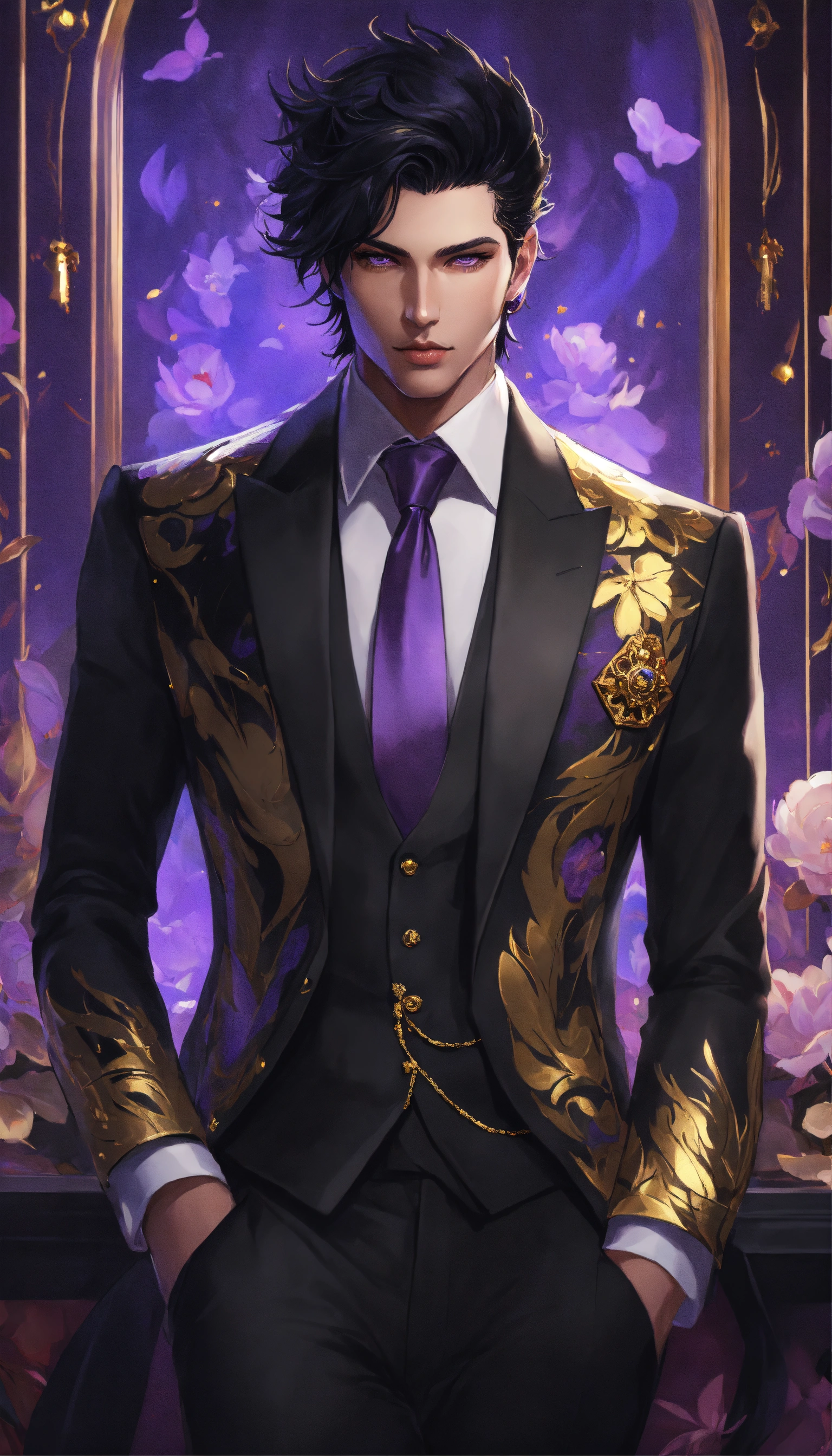 Lexica - Fullbody Portrait of a man in a black suit, gold adornments ...