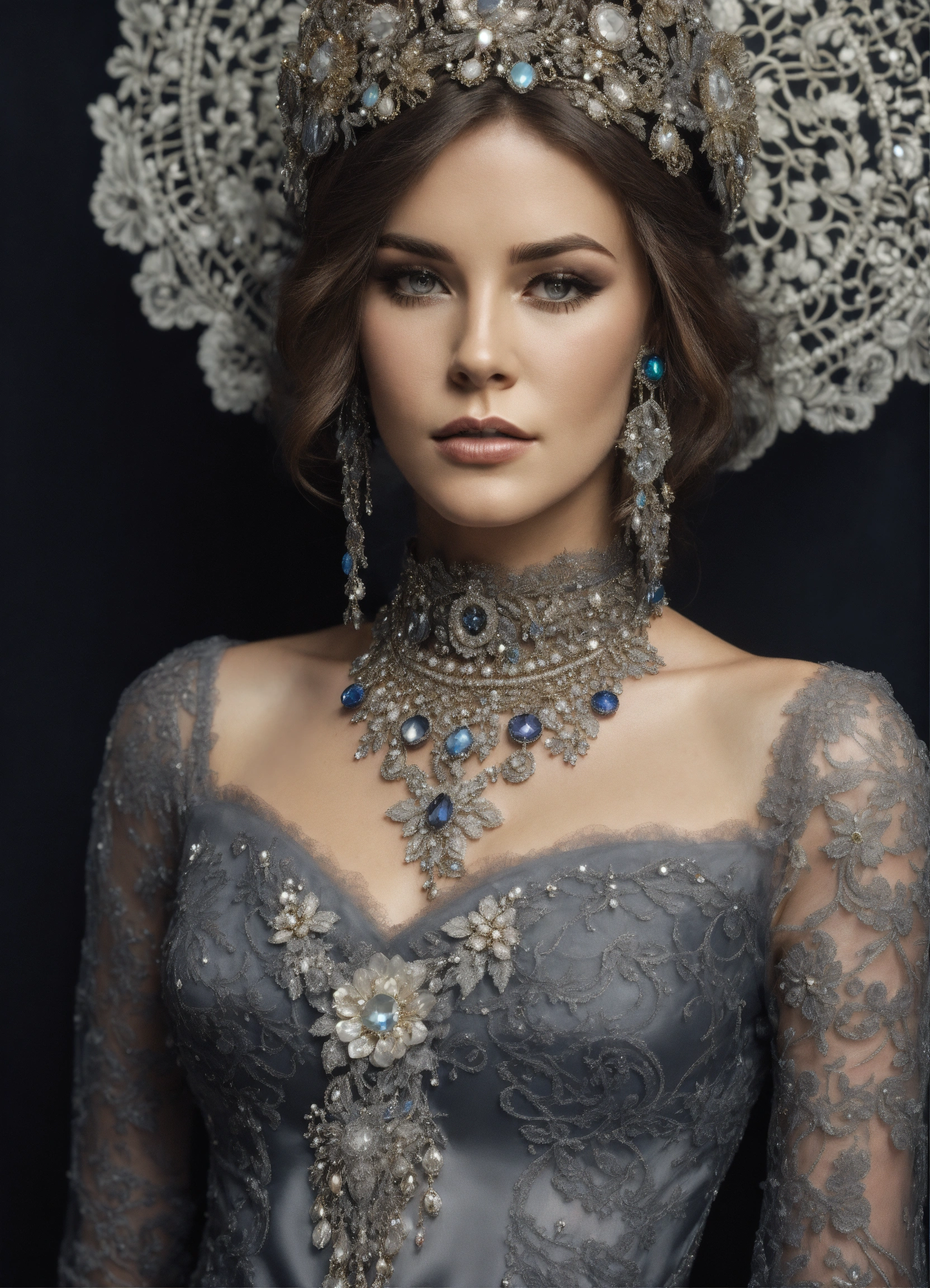 Lexica - A woman wearing luxurious detailed shades of silver and dark ...