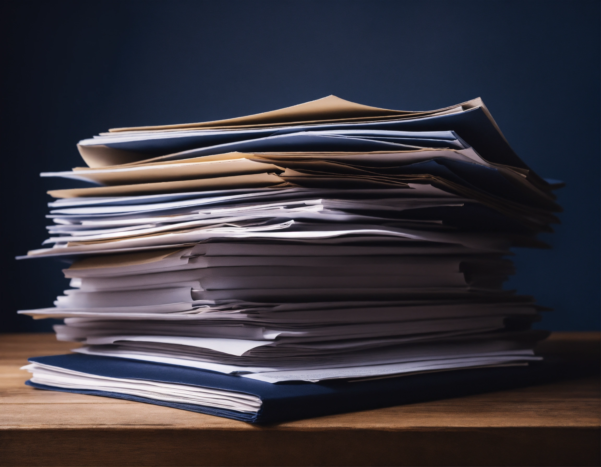Lexica - Pile of paperwork like contracts with a navy blue colour theme