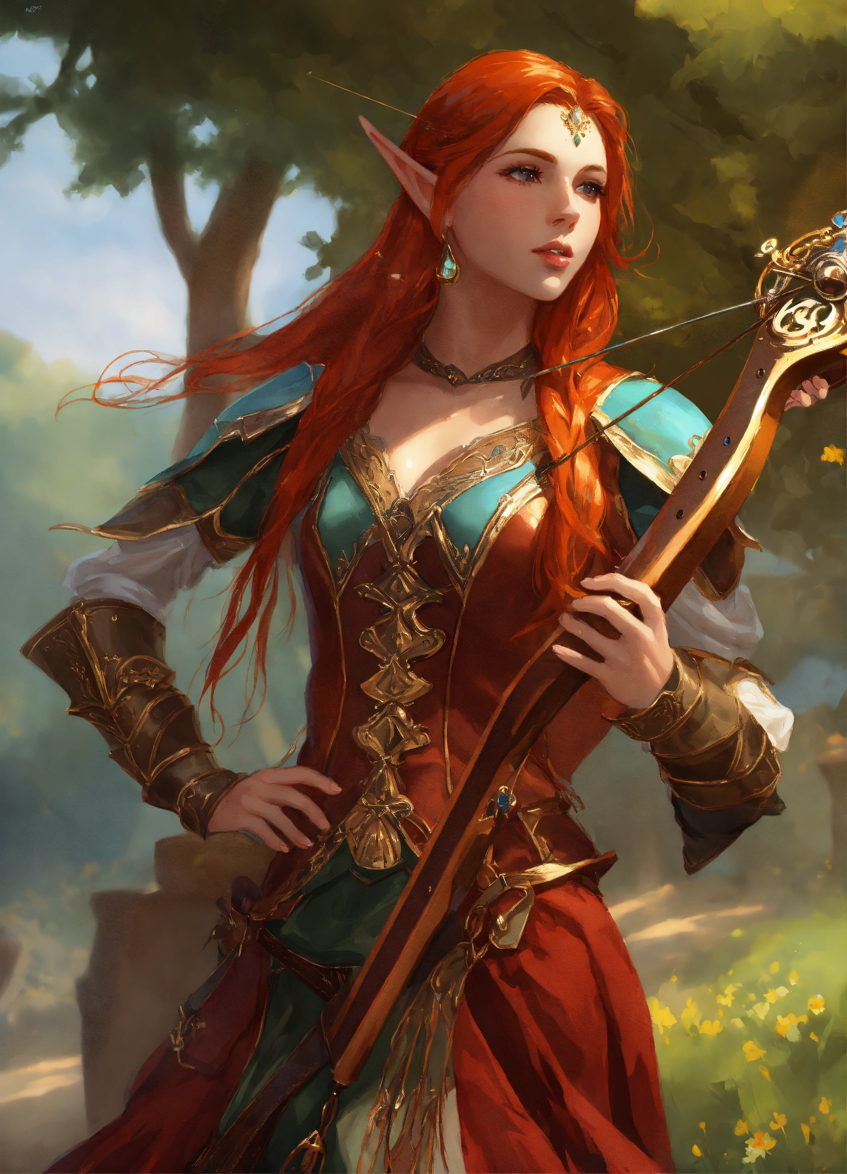 Lexica - Beautiful bard female elf, long red hair, royal, leather armor ...
