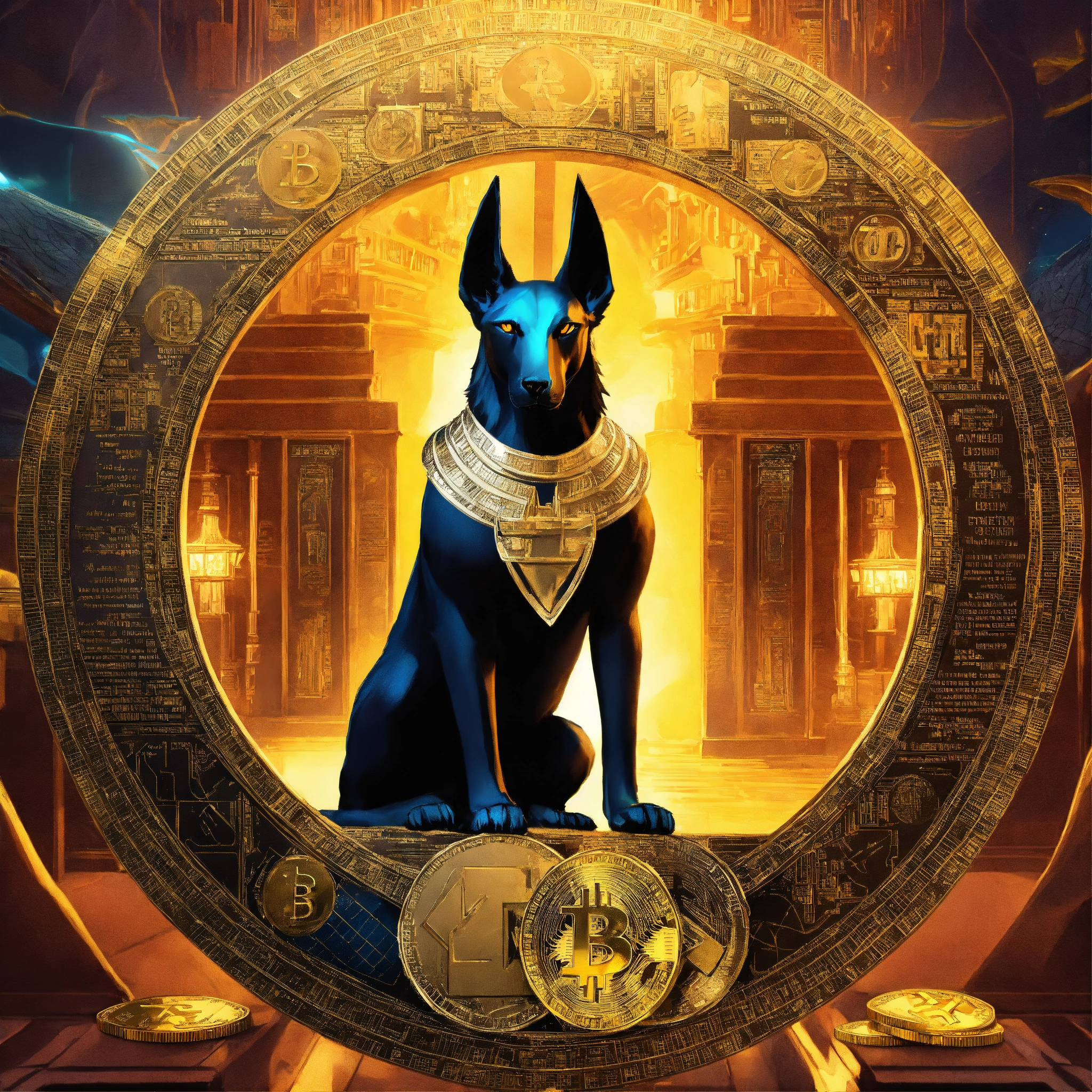 Lexica - Advertising poster of Anubis, surrounded by cryptocurrency