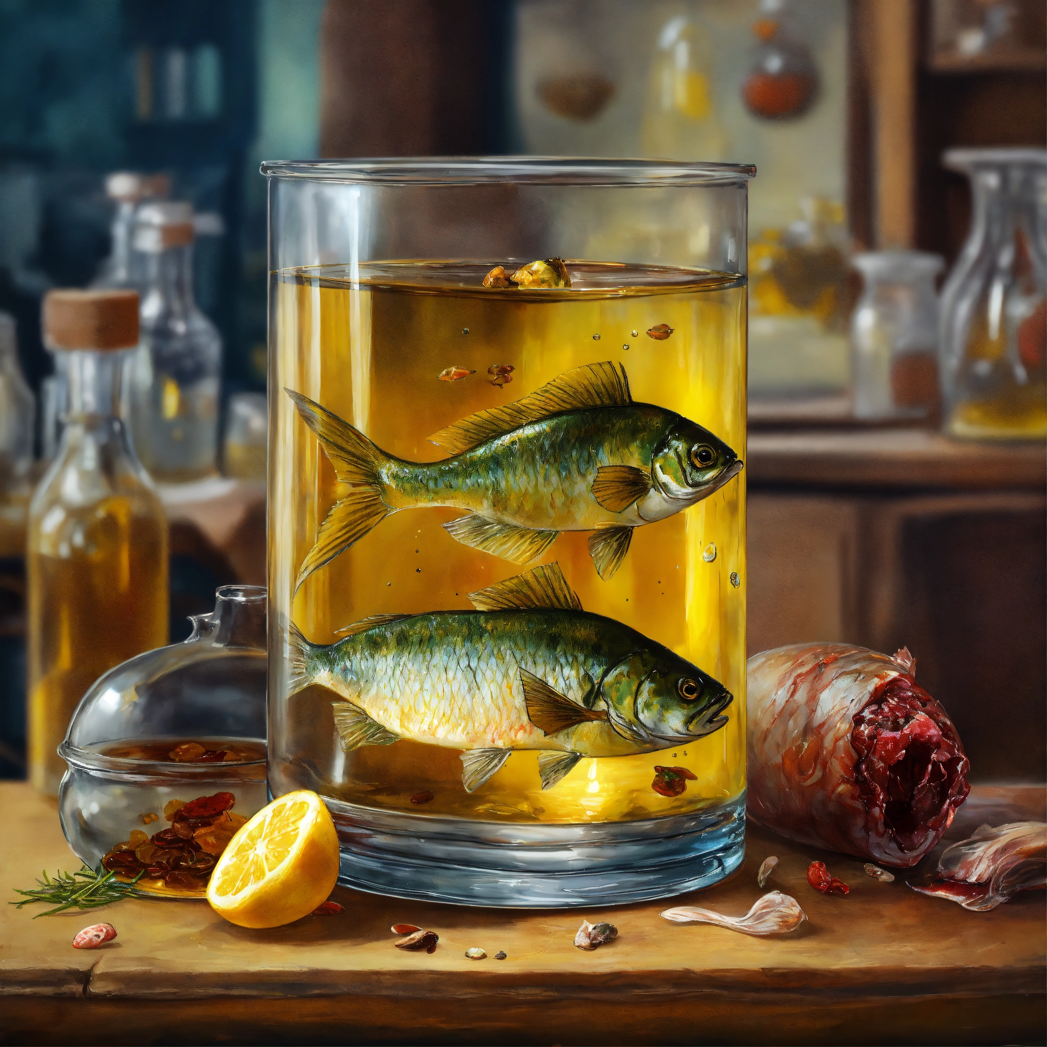 Lexica - Concept art of a vintage glass of yellow oil, fish head and ...