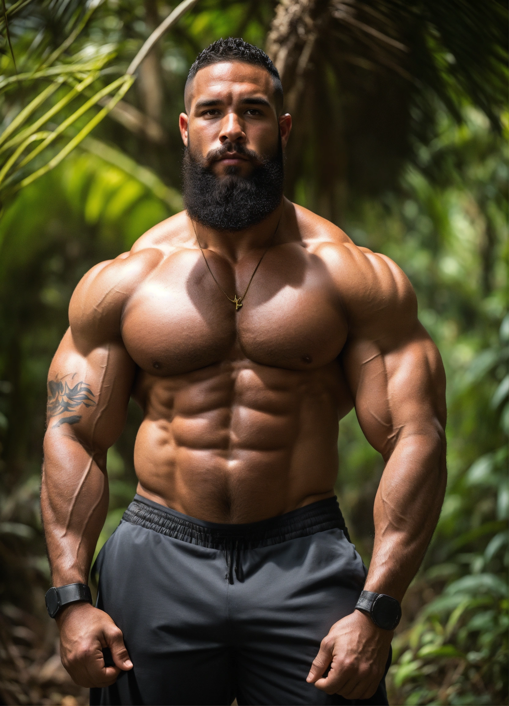 Lexica - 30-year-old man with big muscles, big bodybuilder, dominican, with  a beard, body like a wrestler, in a jungle