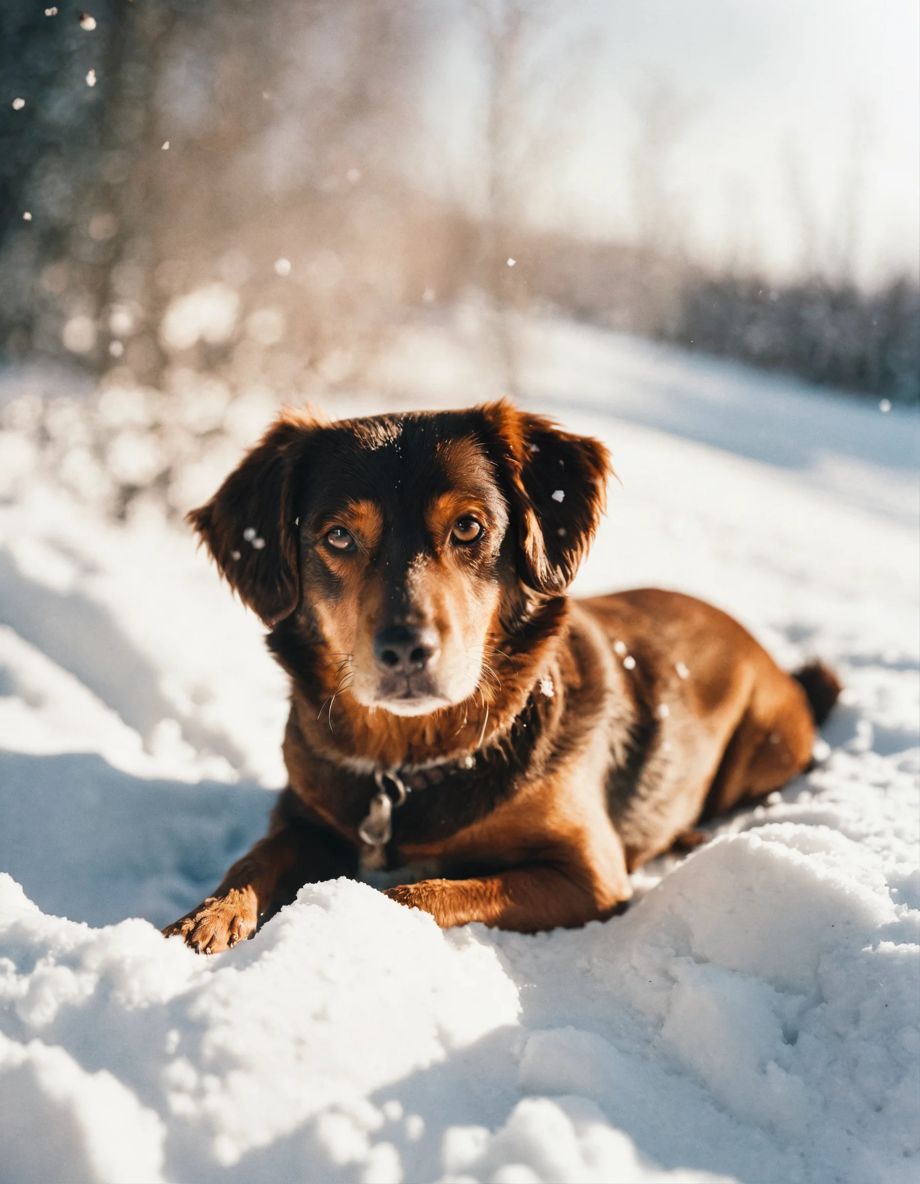 Lexica - Portra 400 photo of a cute brown dog sitting in the white snow ...