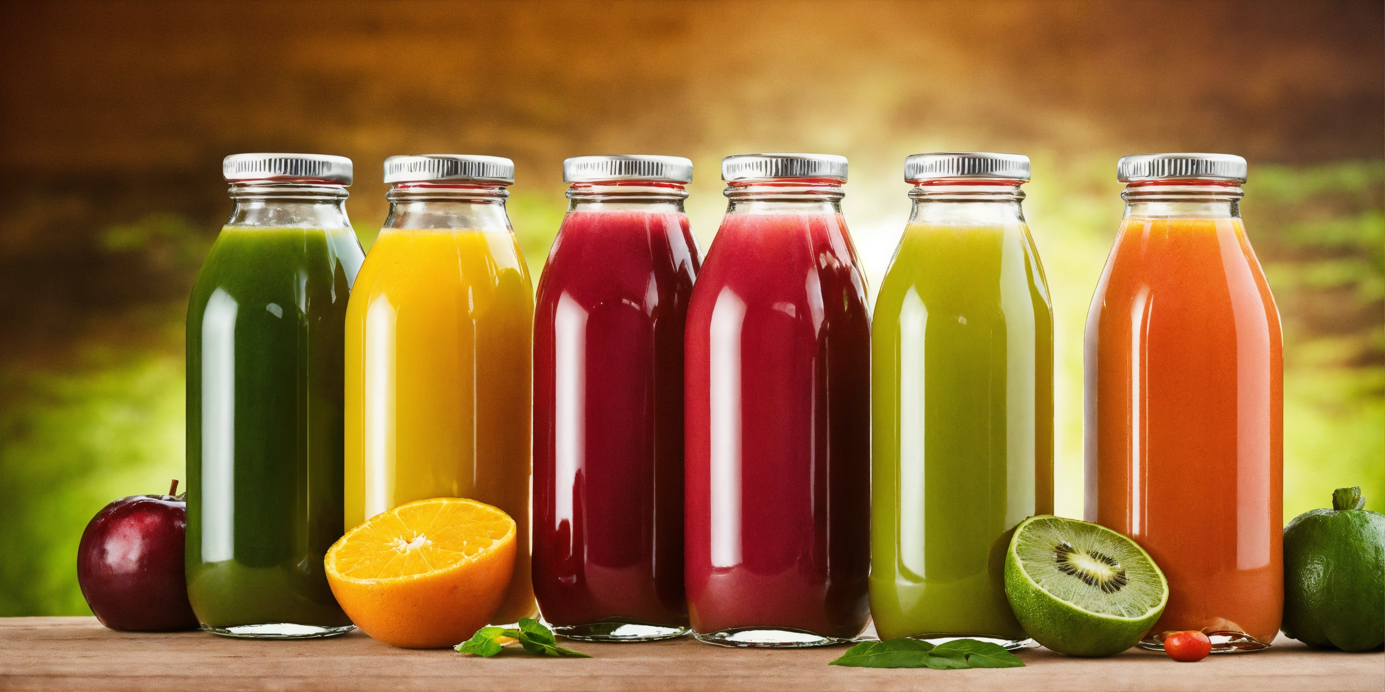 Lexica - Realistic photograph of bottles of juice