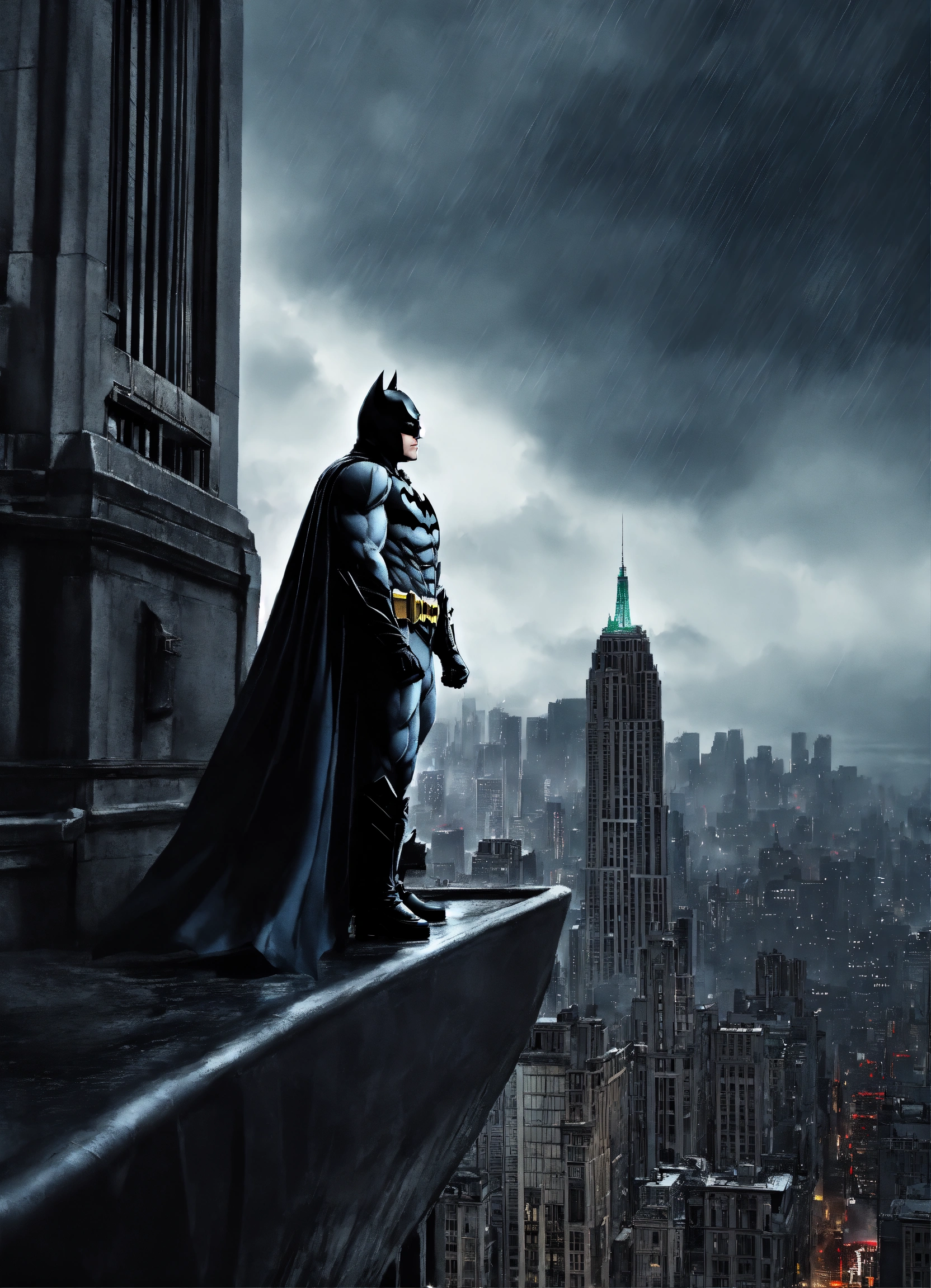 Lexica - Batman on the top of a stormy skyscraper in Gotham City.