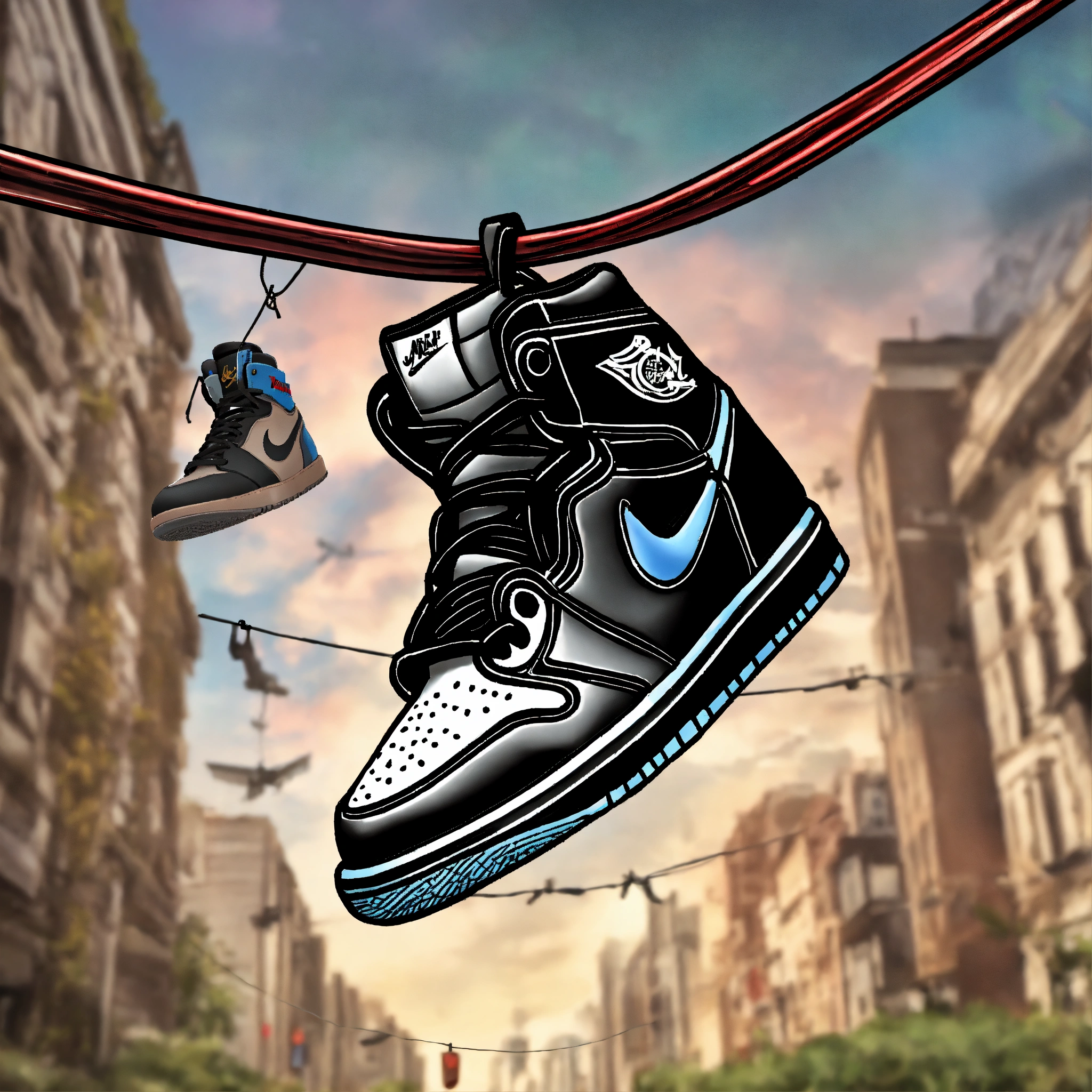 Lexica Virtual drawing of air jordan 1 sneakers hanging on a clothesline in a city park with surrealism. close up shot