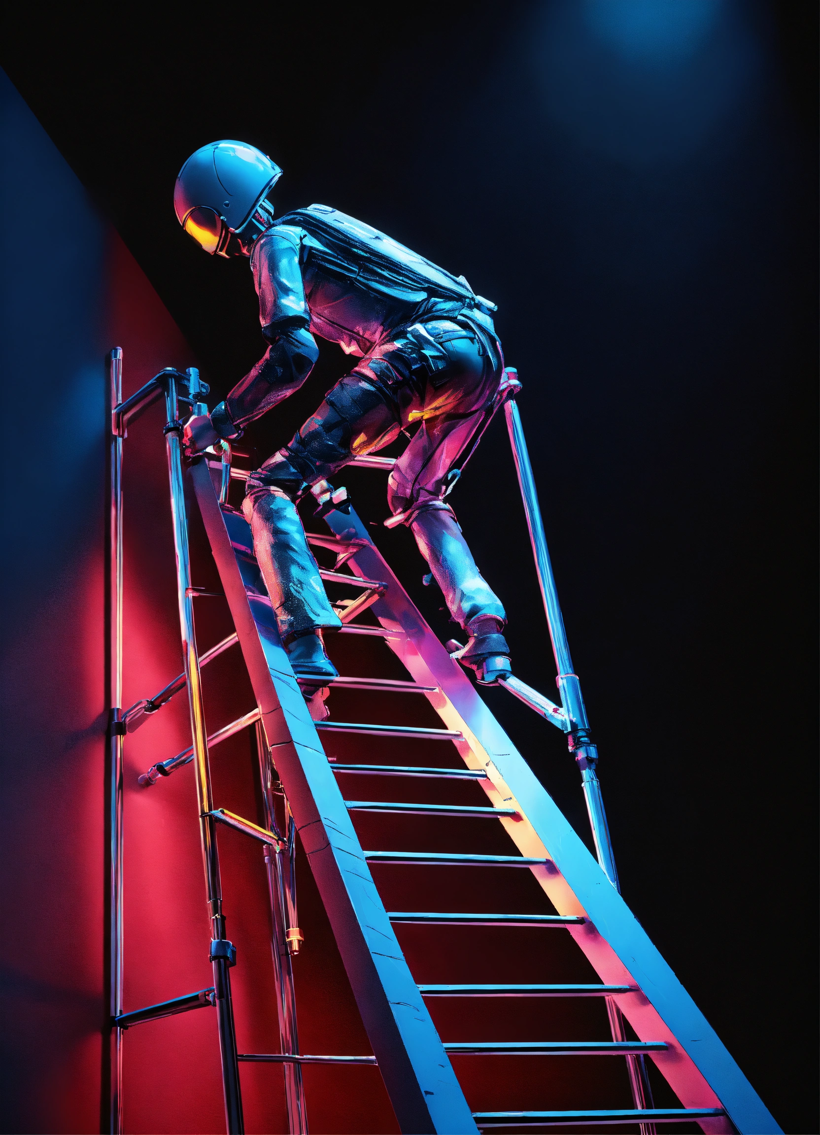 Lexica - Humanoid with crutches climbing a ladder. black background ...