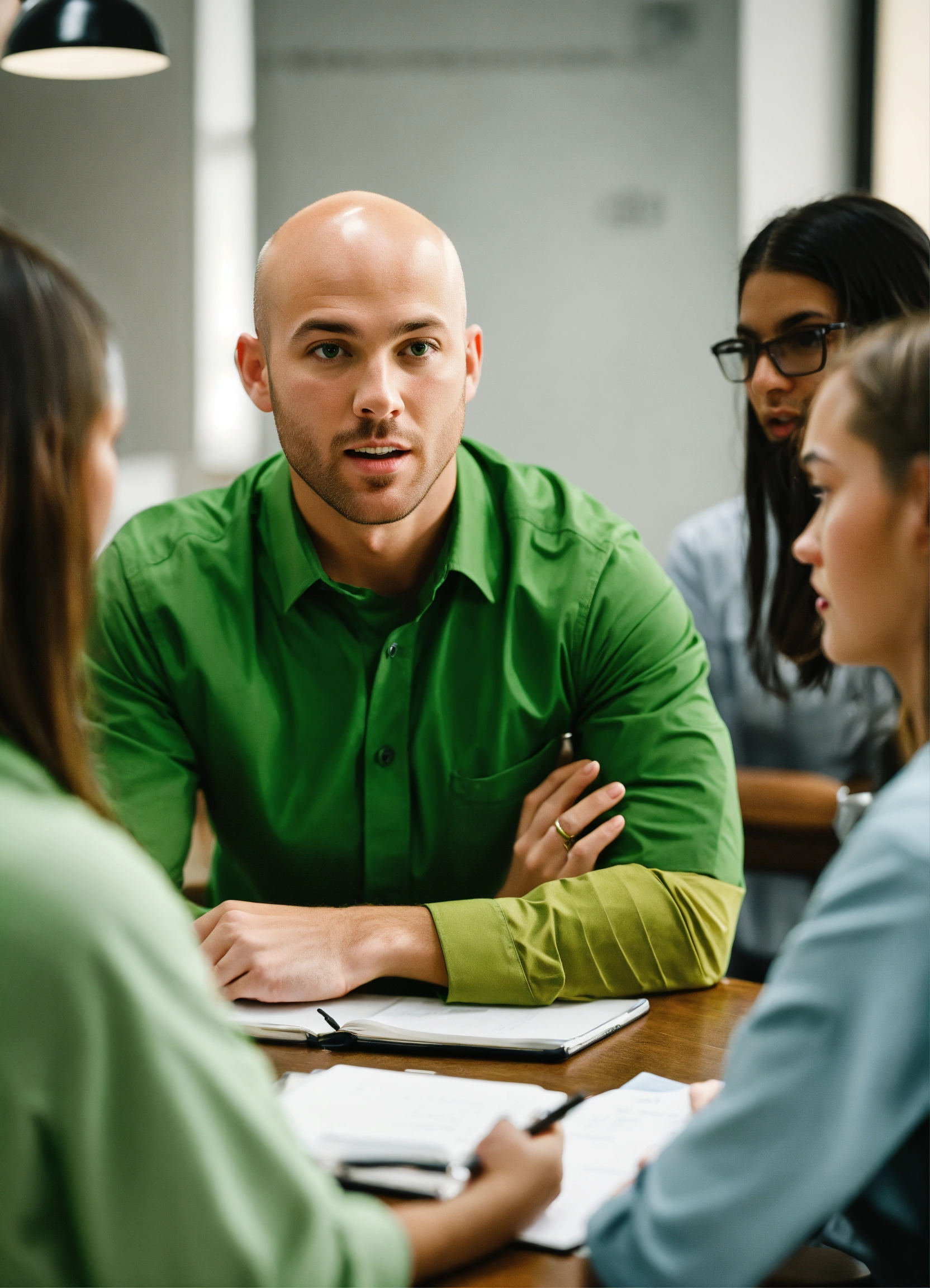 Lexica Bald marketing guy gives briefing to young female interns