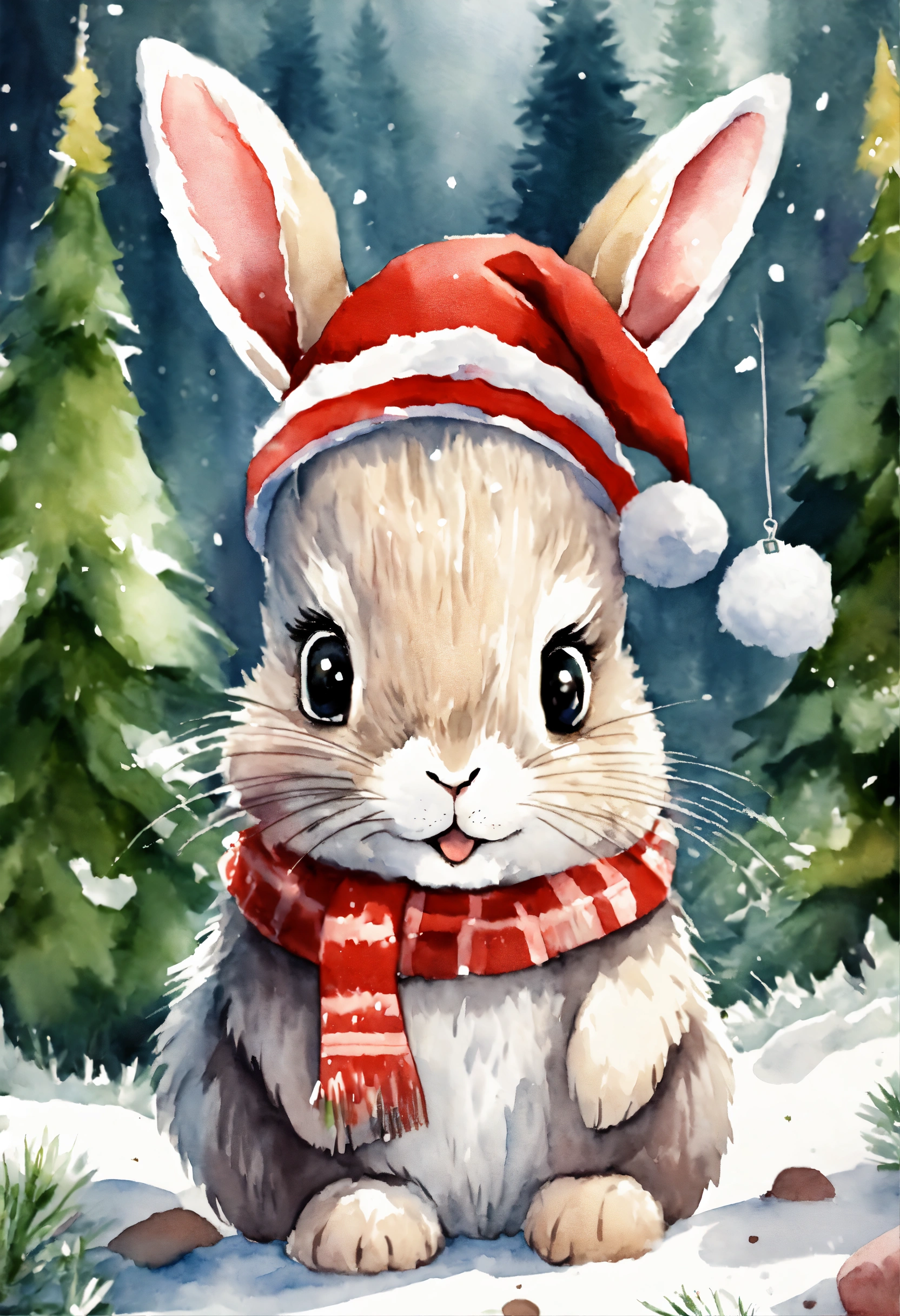 Lexica - A cute happy rabbit in forest with Christmas hat , presents ...