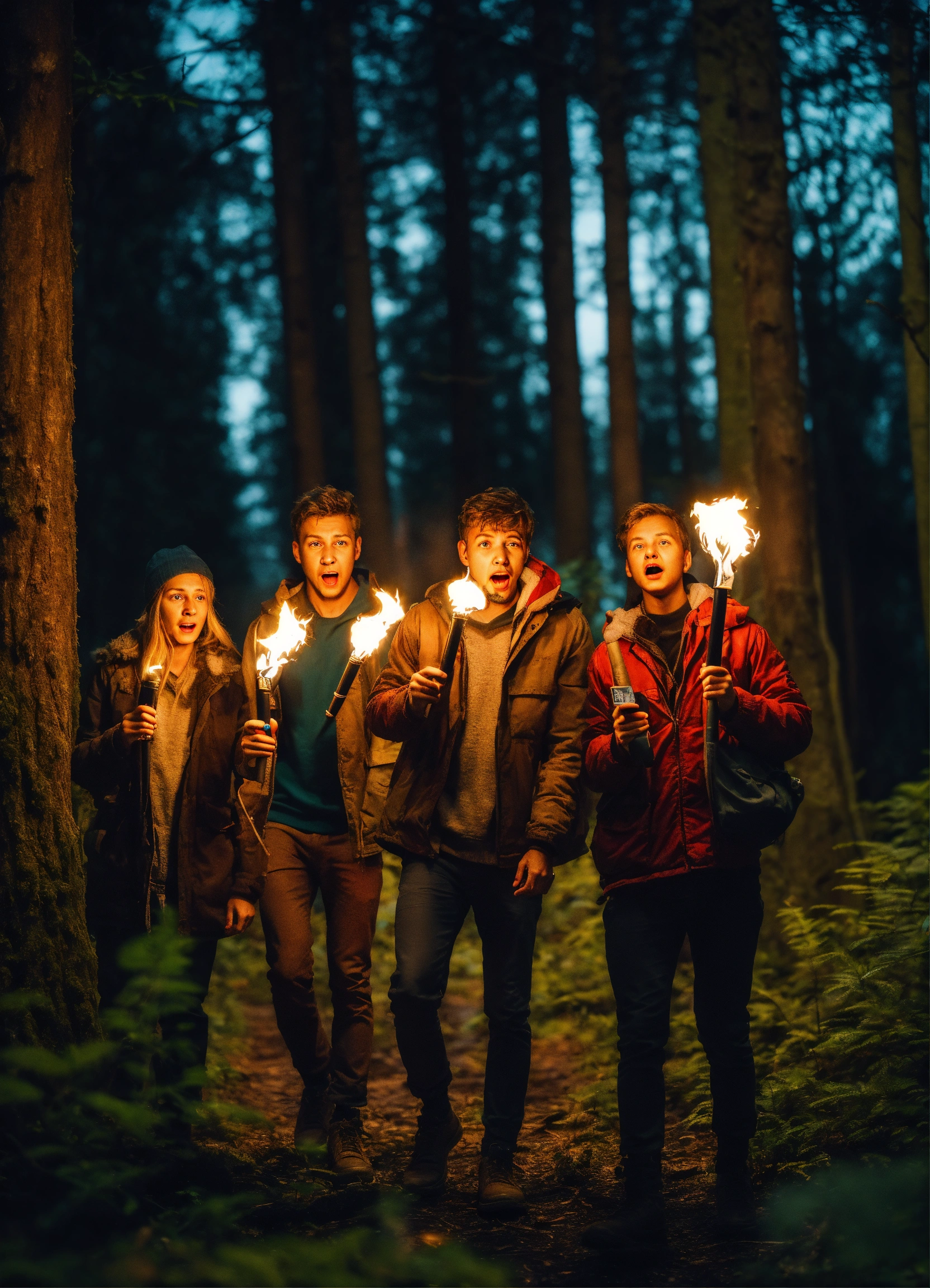 Lexica - A group of friends in the forest with torches in their hands ...
