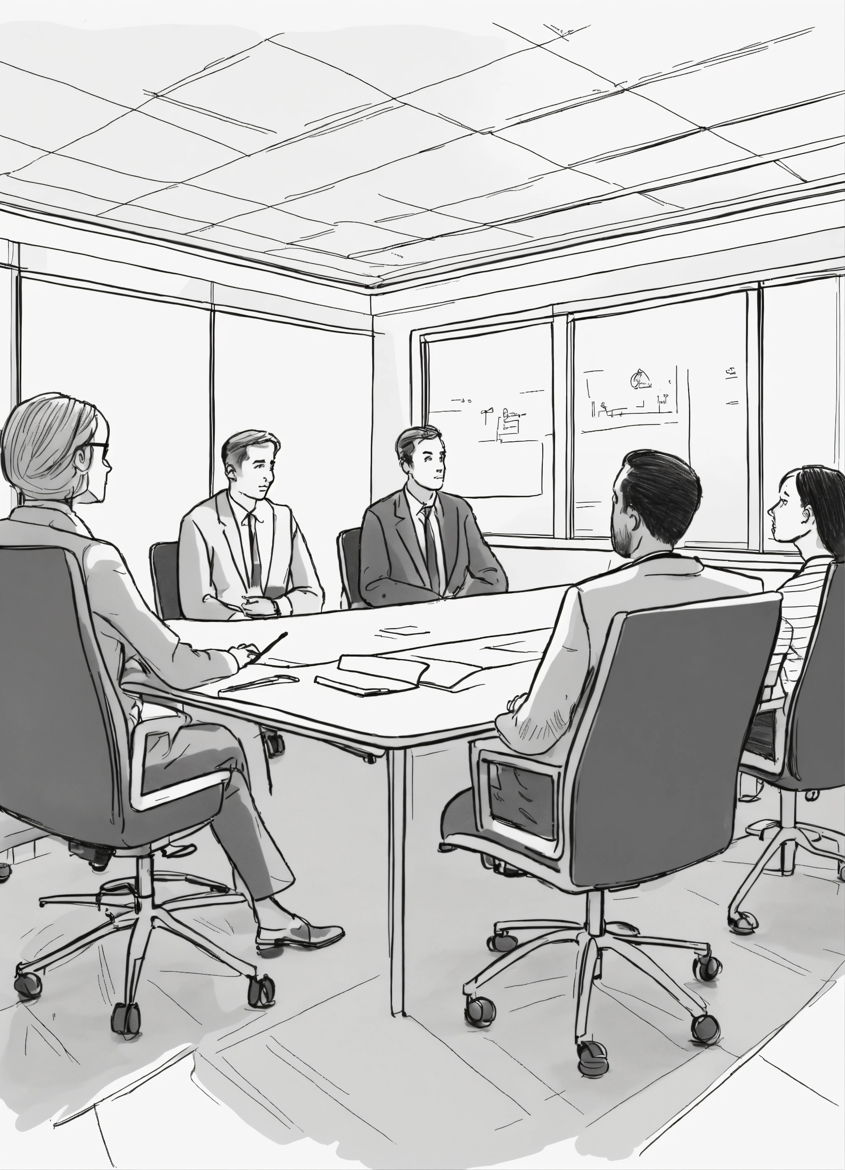 Lexica - Detailed line drawing of a conference room with four people ...