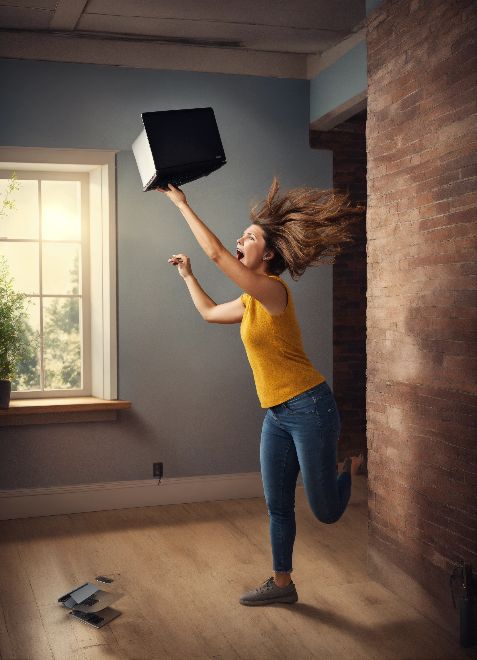 Lexica - Photorealistic image of a woman throwing her laptop into a ...