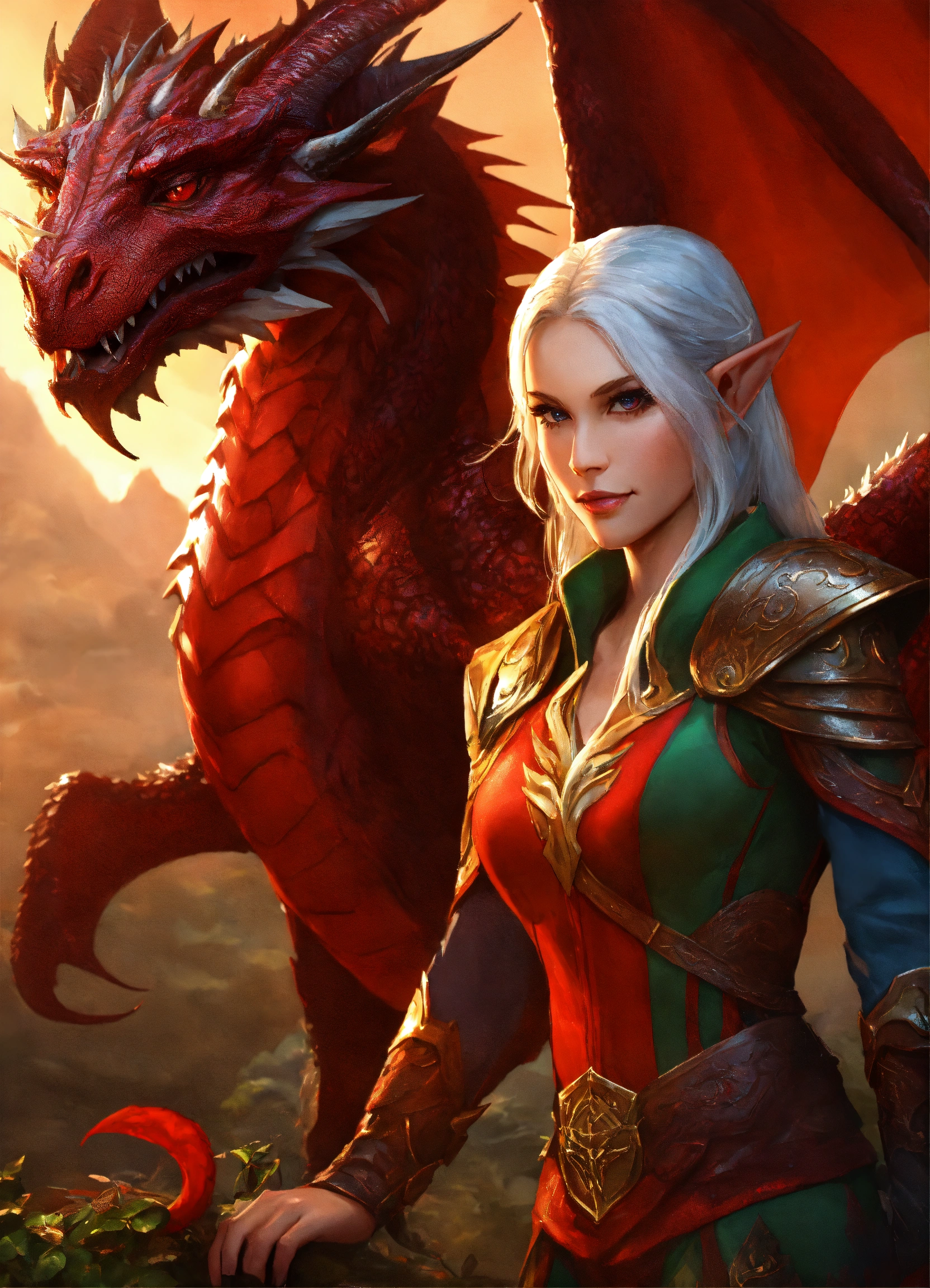 Lexica - Female, elf, smirk, facing off a red dragon