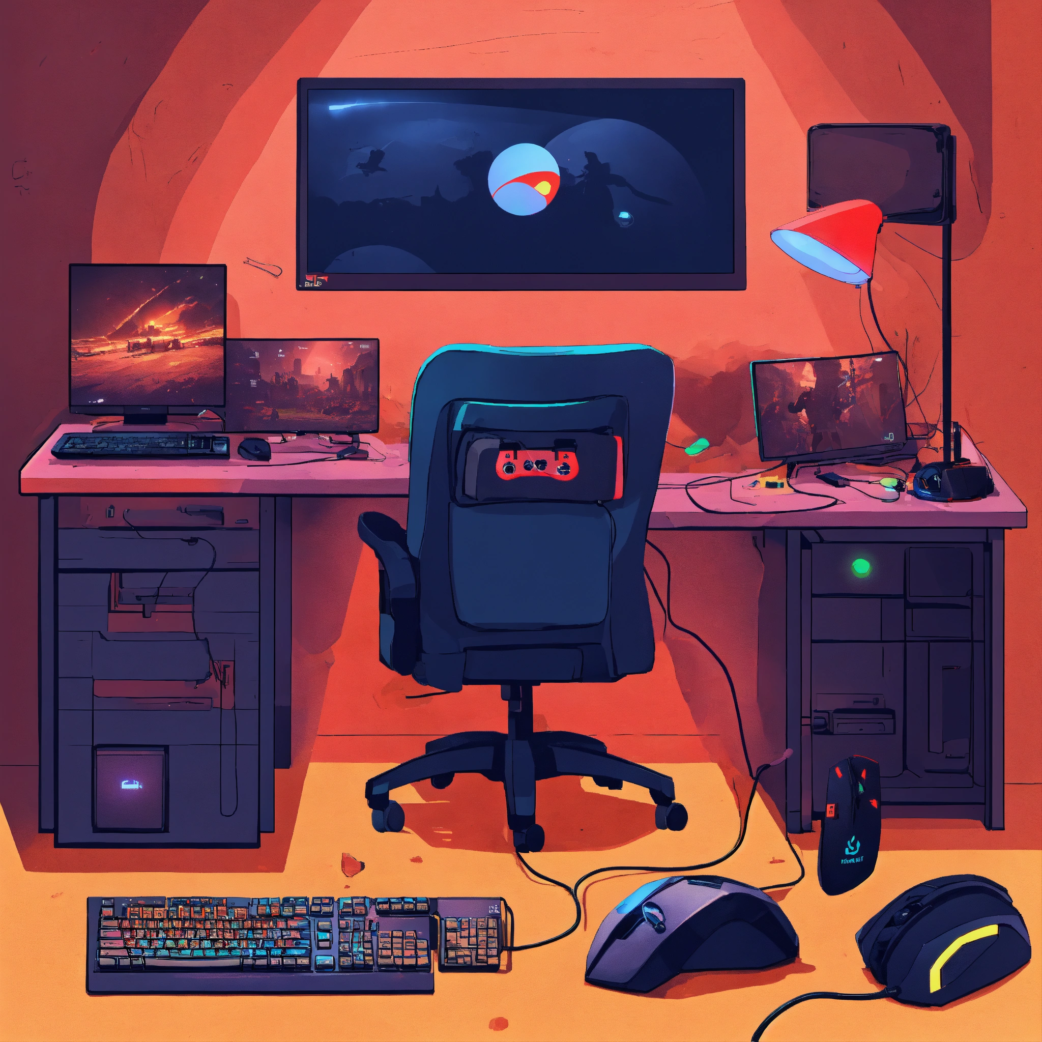 Lexica - A photo of a gamer's setup. There is a gaming chair, a gaming ...