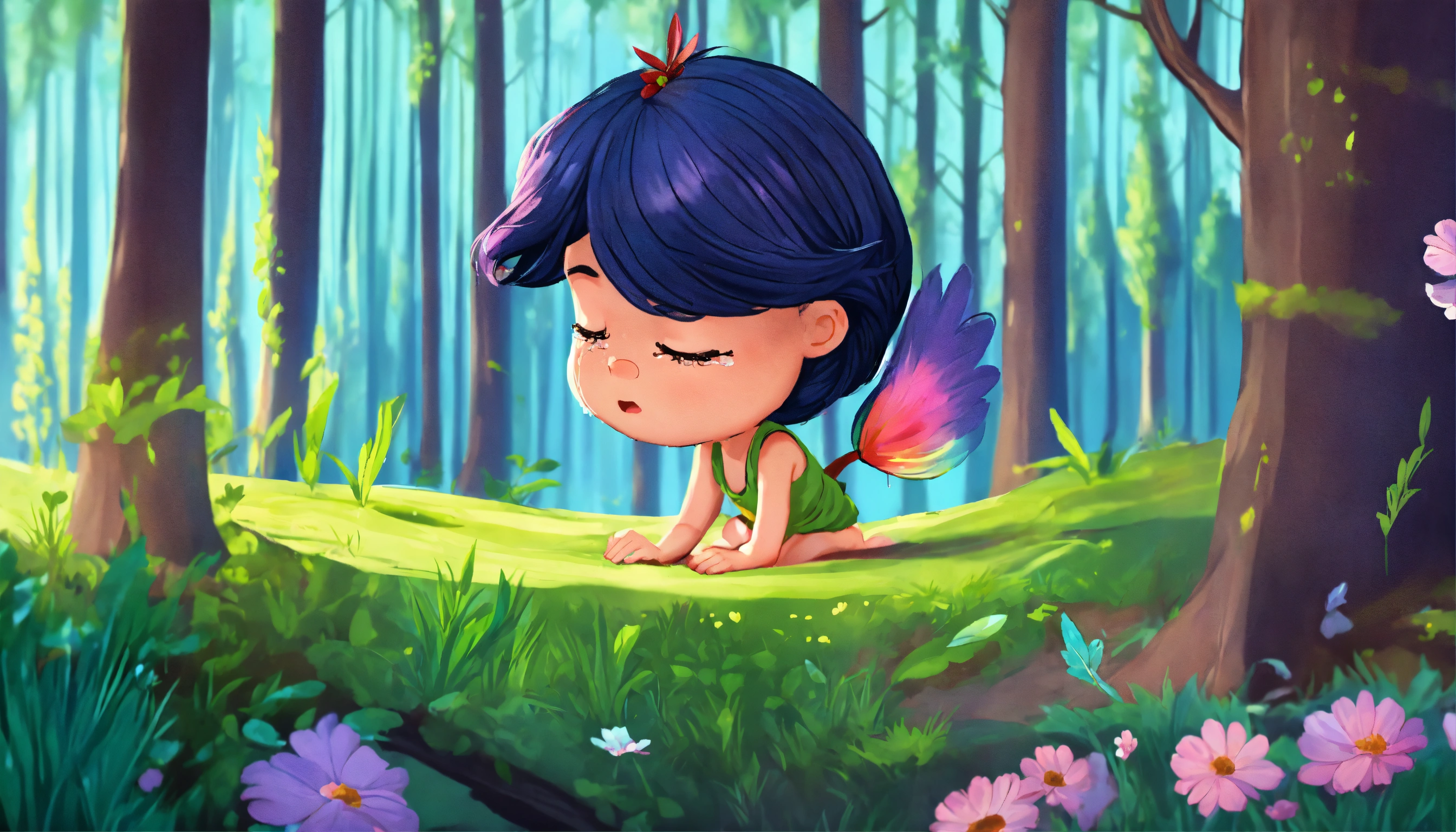 Lexica - Cartoon style upset crying hair in the spring magical forest.