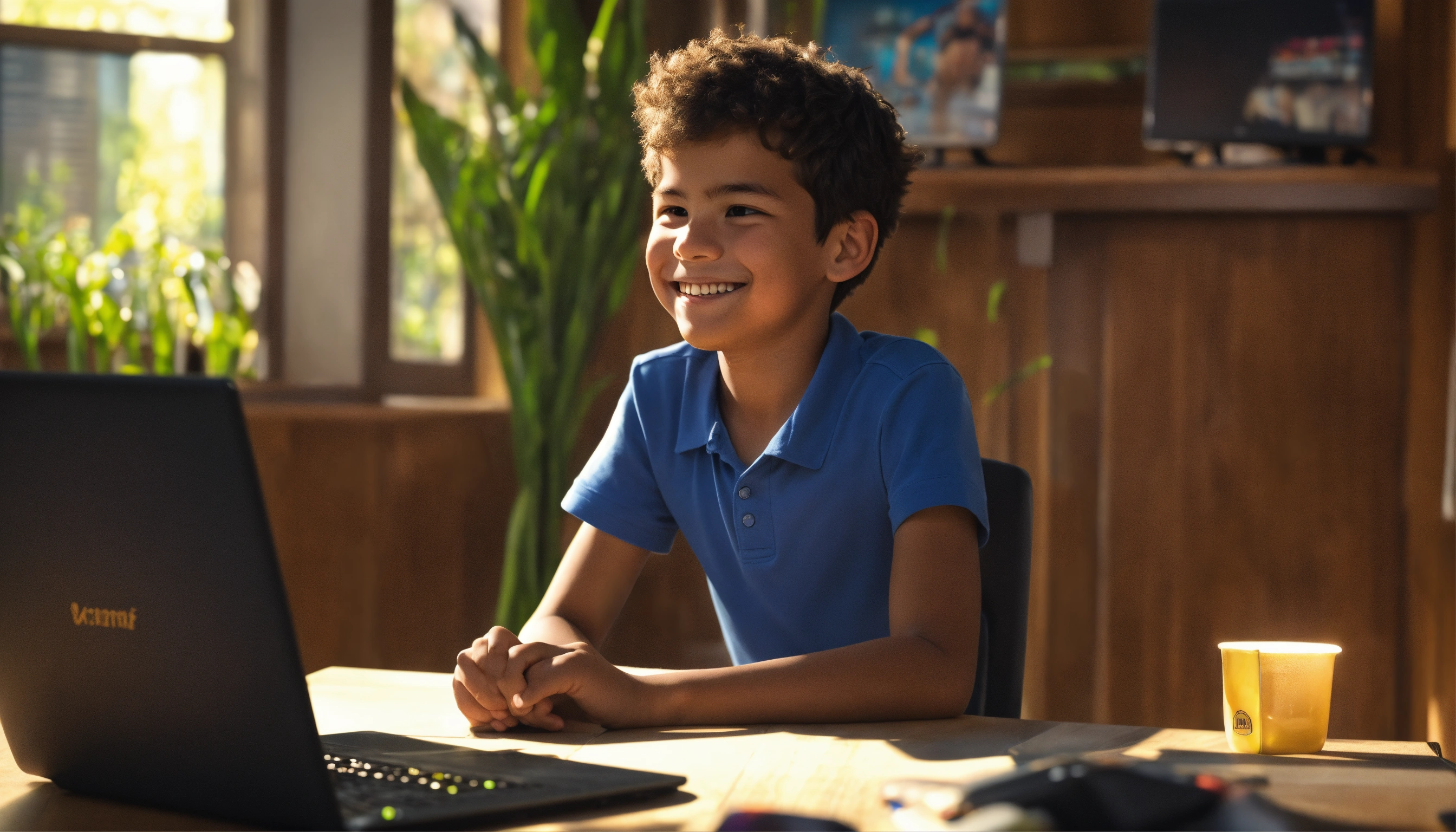 Lexica - A boy sits confidently in front of a computer, a satisfied ...