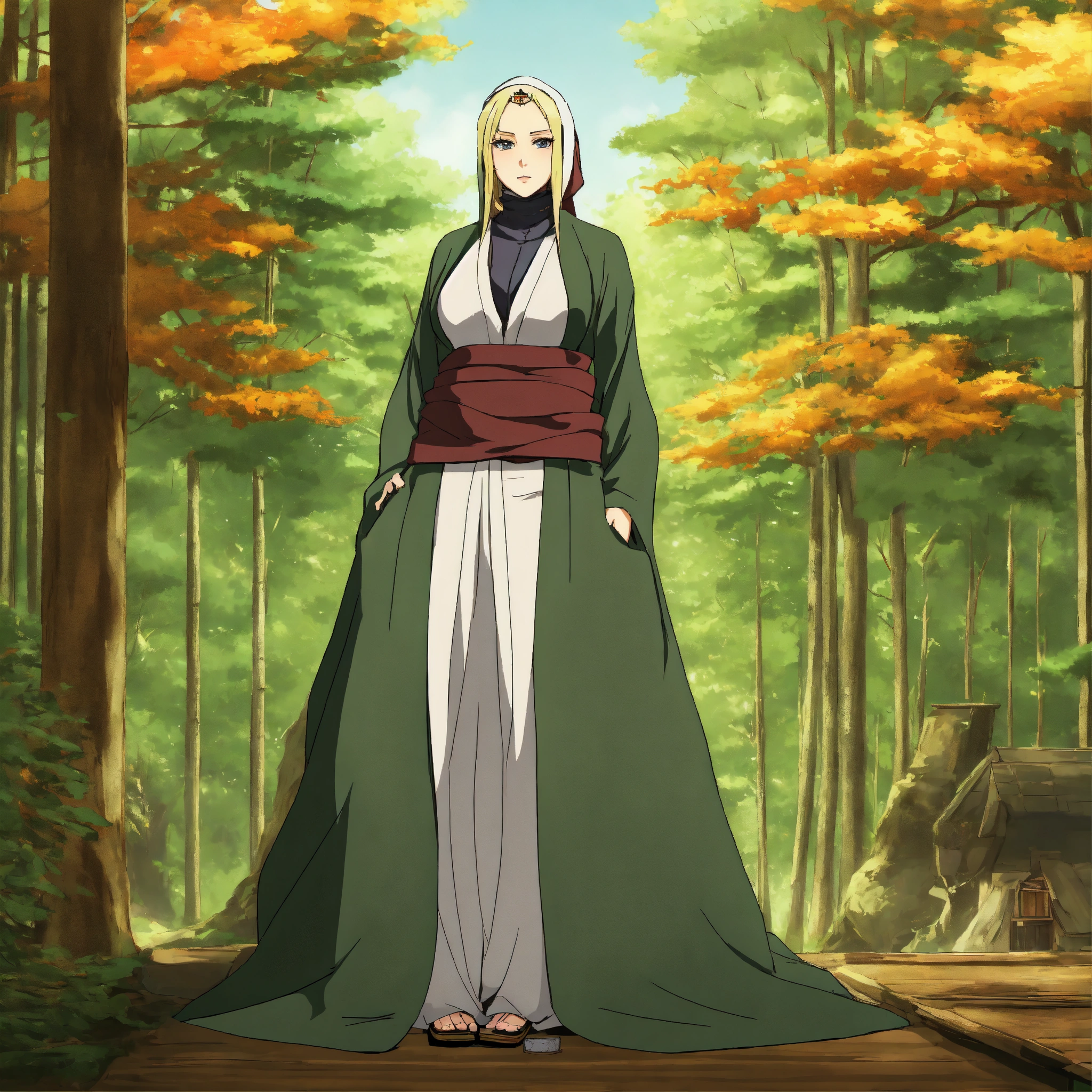 Lexica - Lady Tsunade wearing a hijab. show full length of body. She is in  a cabin in a deciduous forest.