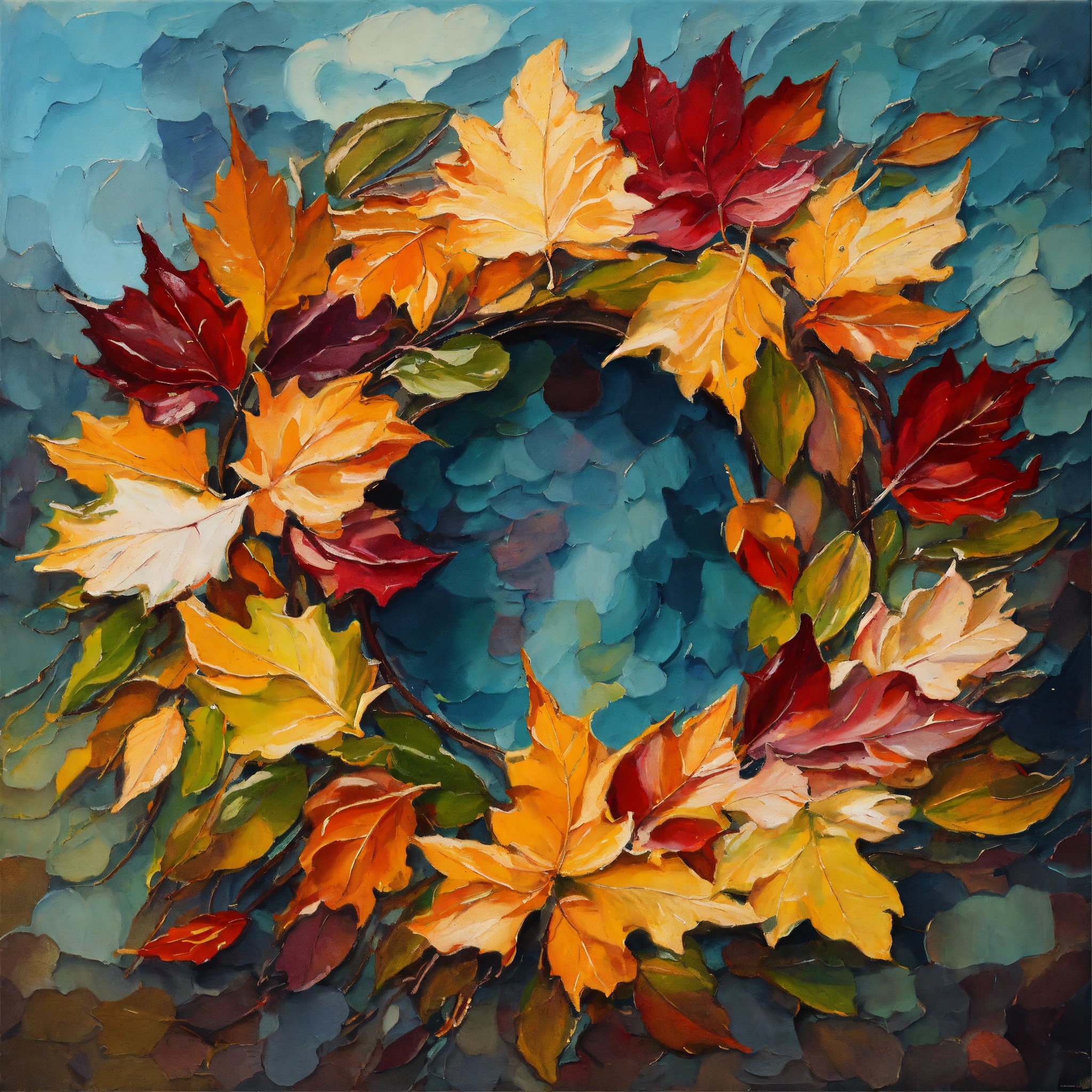 Lexica - Wreath of autumn leaves and flowers sea Oil painting pallet ...