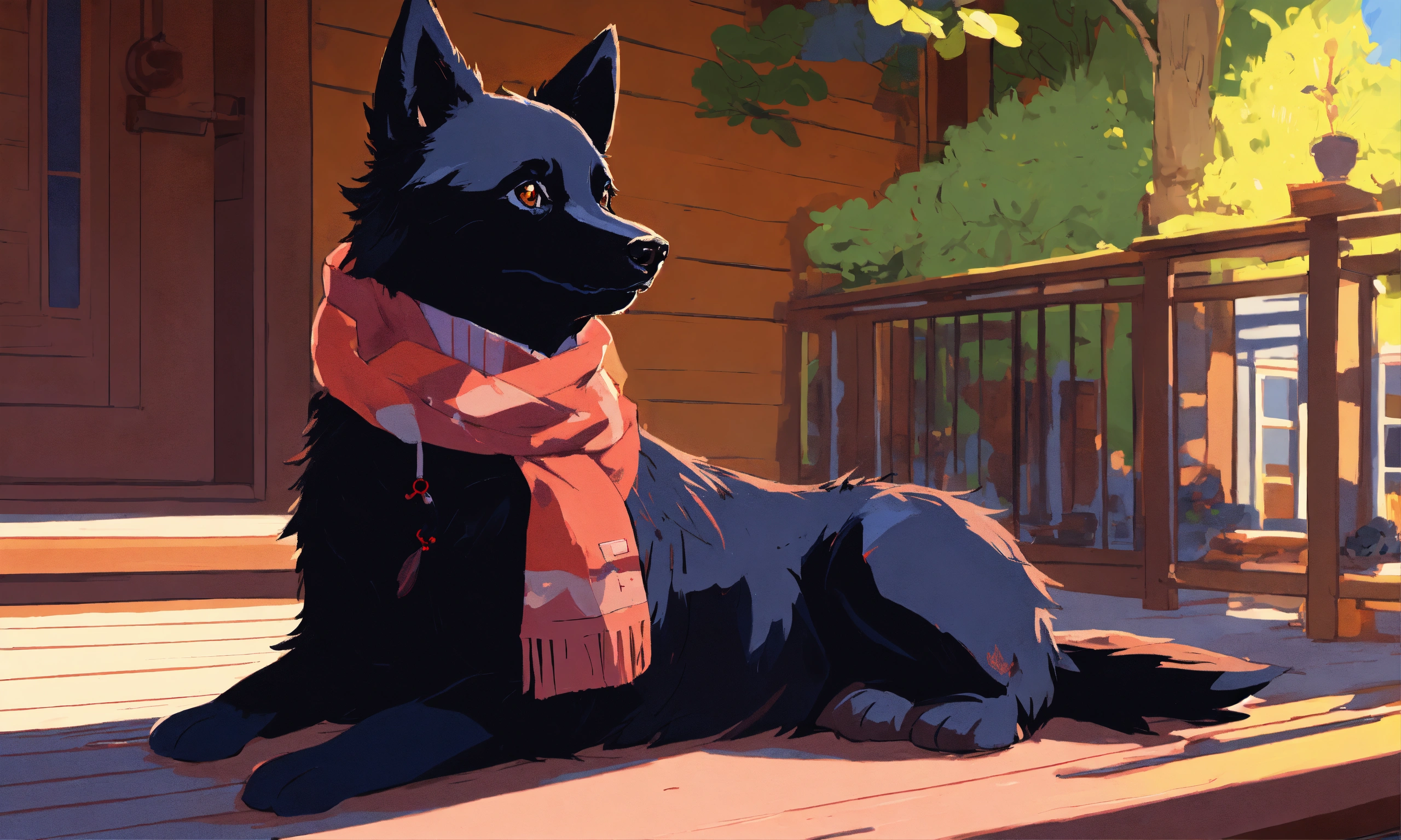 Lexica - Digital art of a schipperke on a porch, wearing a scarf around ...