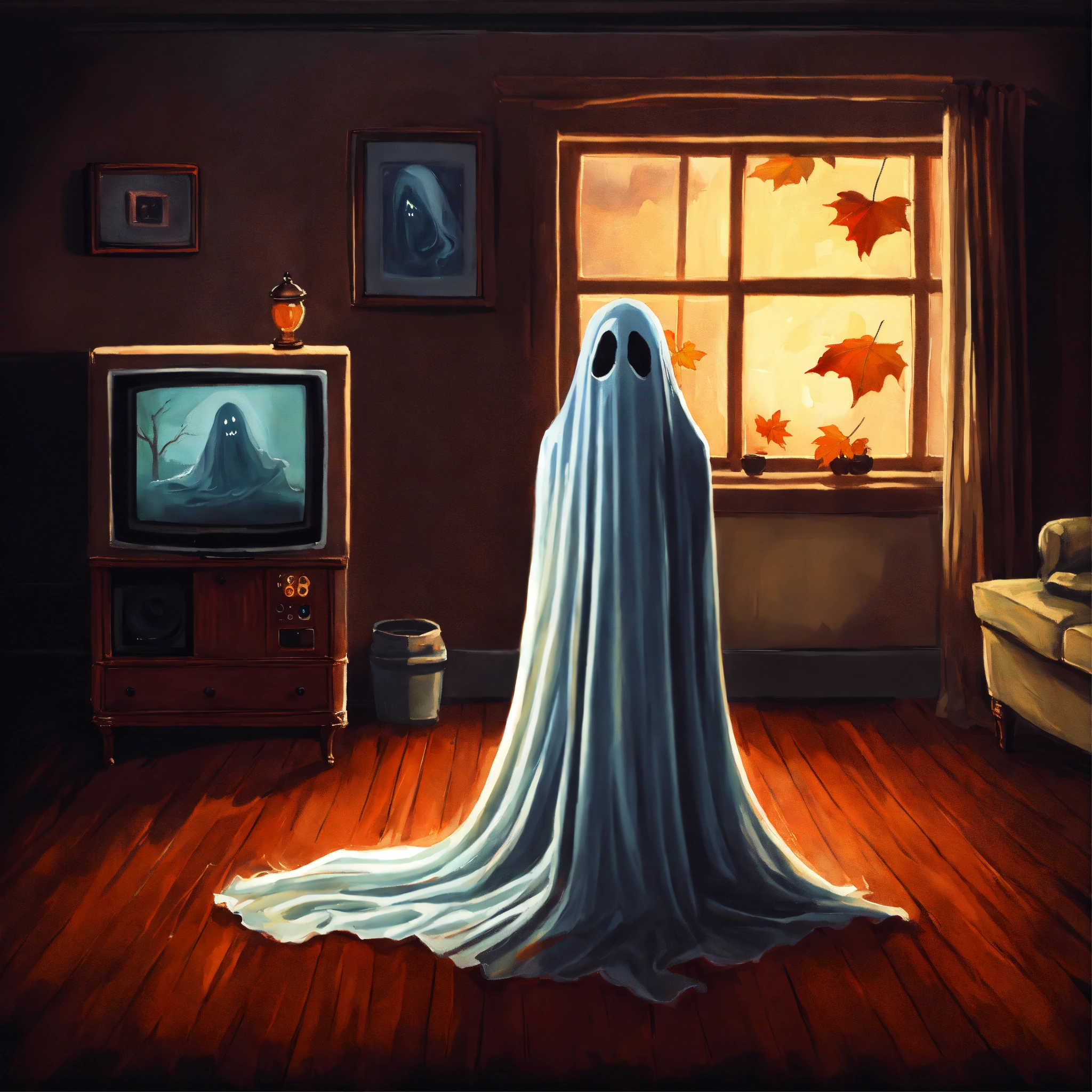 Lexica - A painting of a bedsheet ghost watching scary movies on a ...