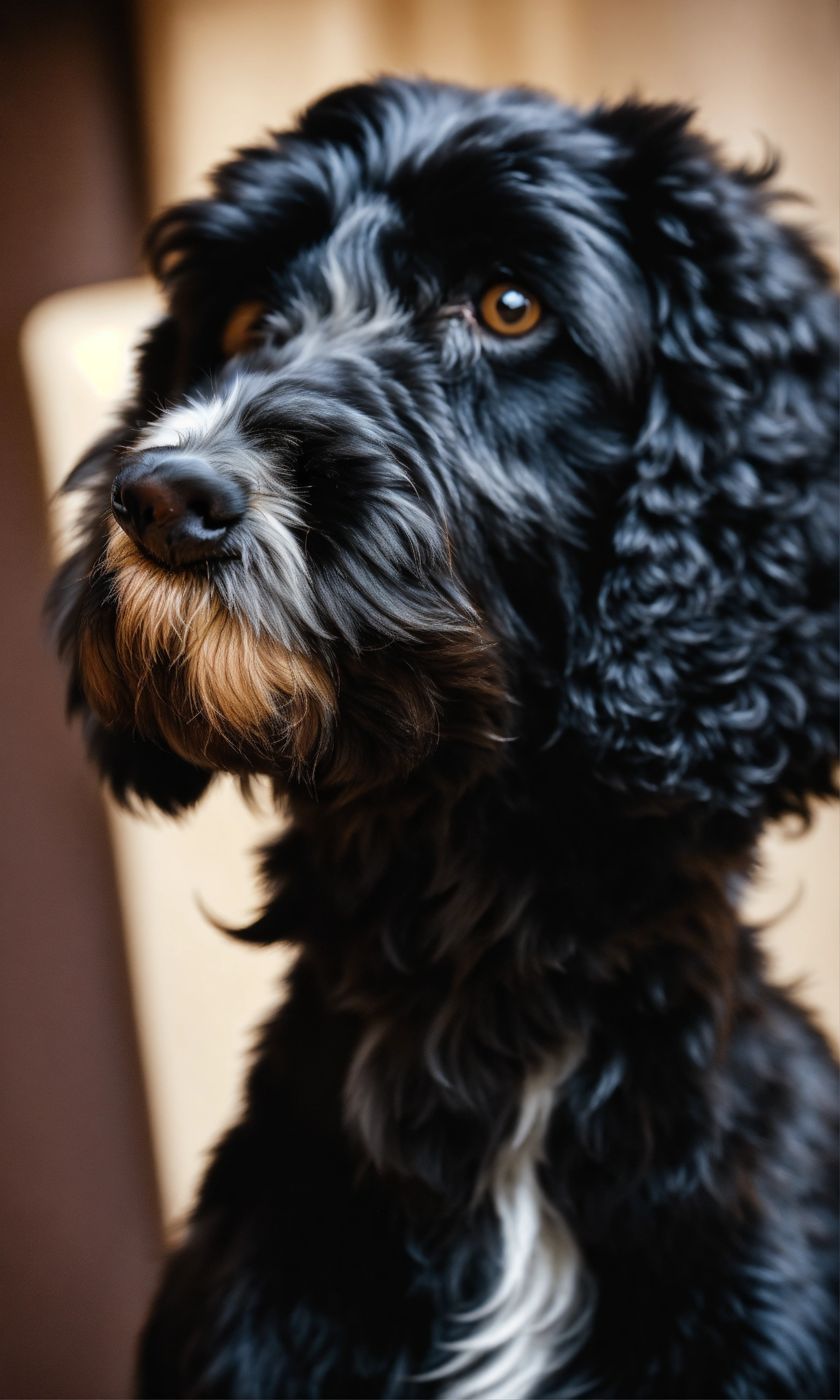 Lexica - Portrait of a black cockapoo with white fur on its belly and chin