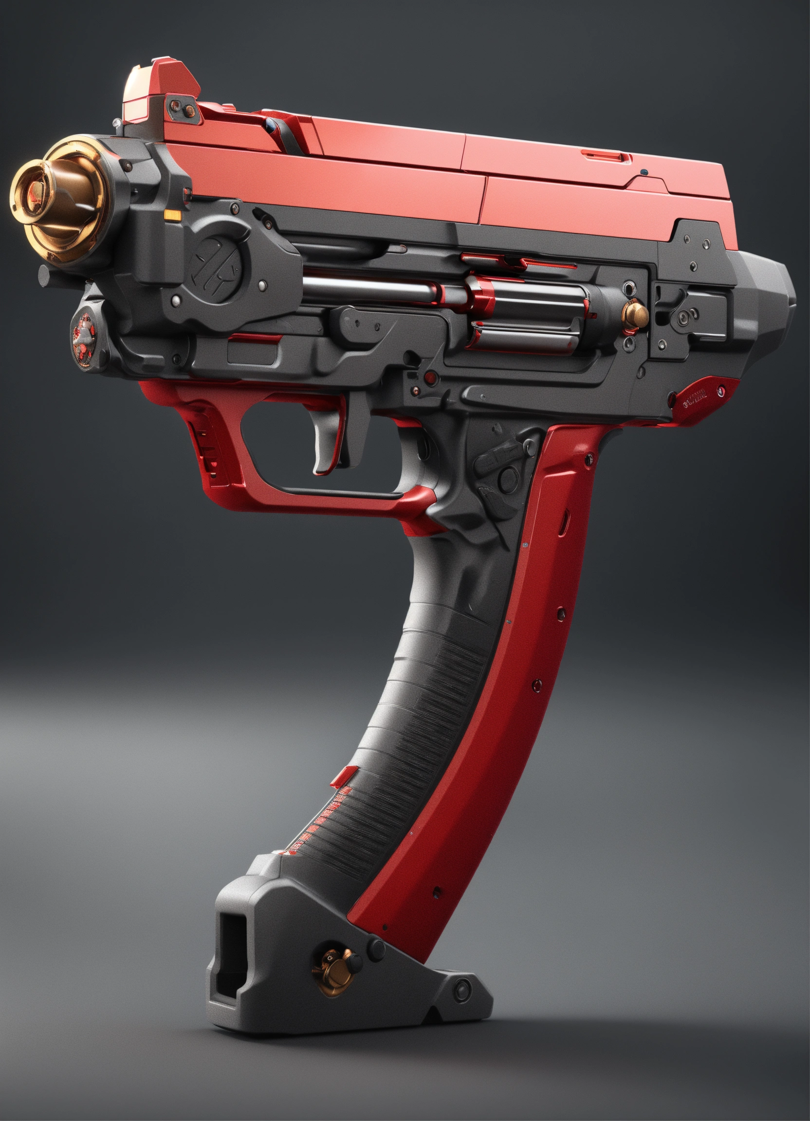 Lexica - A side view of a black and red gun on a gray background, a 3D ...