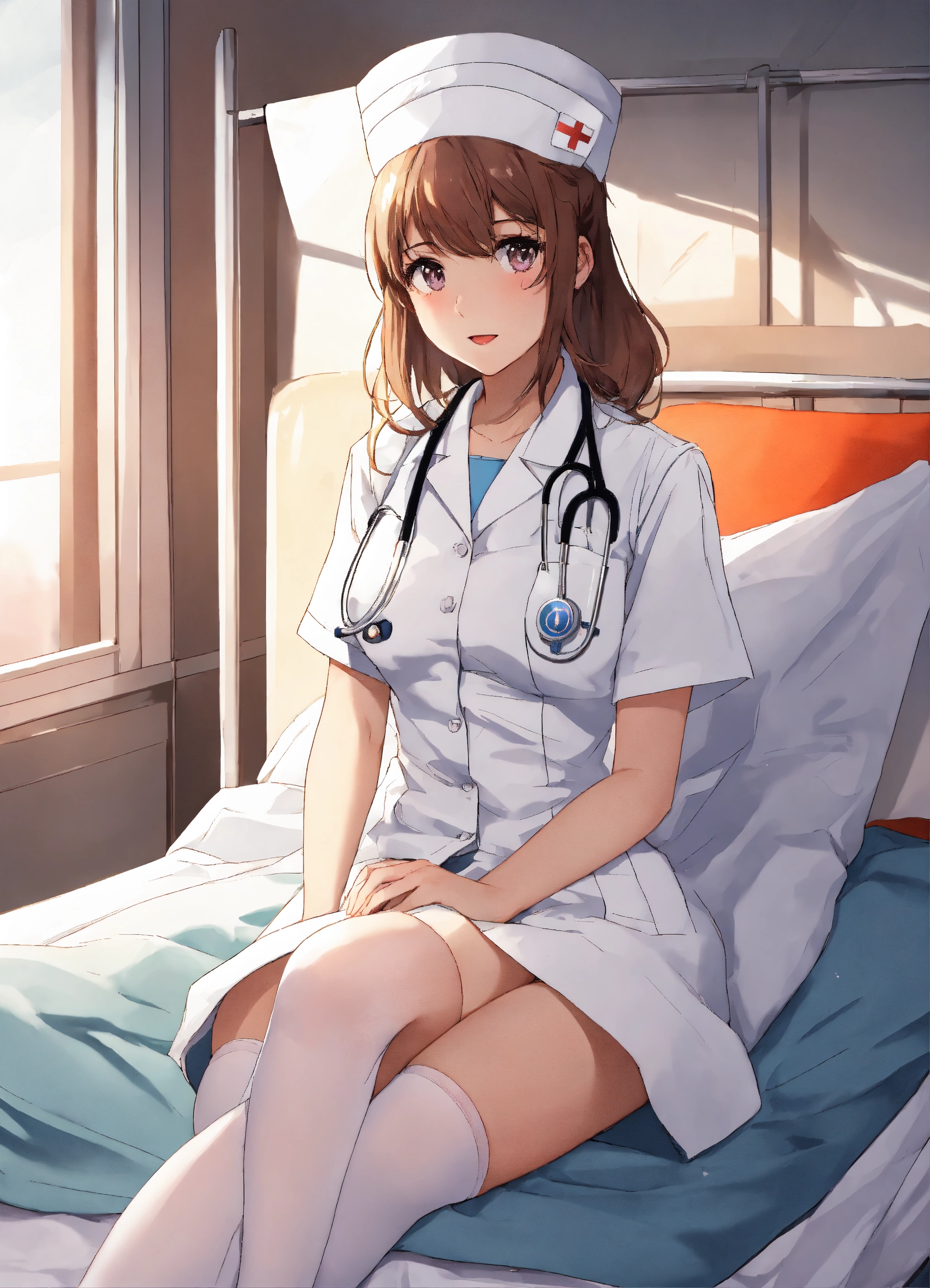 Lexica - 1 nurse girl in a white cap in a white coat, anime face, white  high stockings on her feet, sitting on a hospital bed