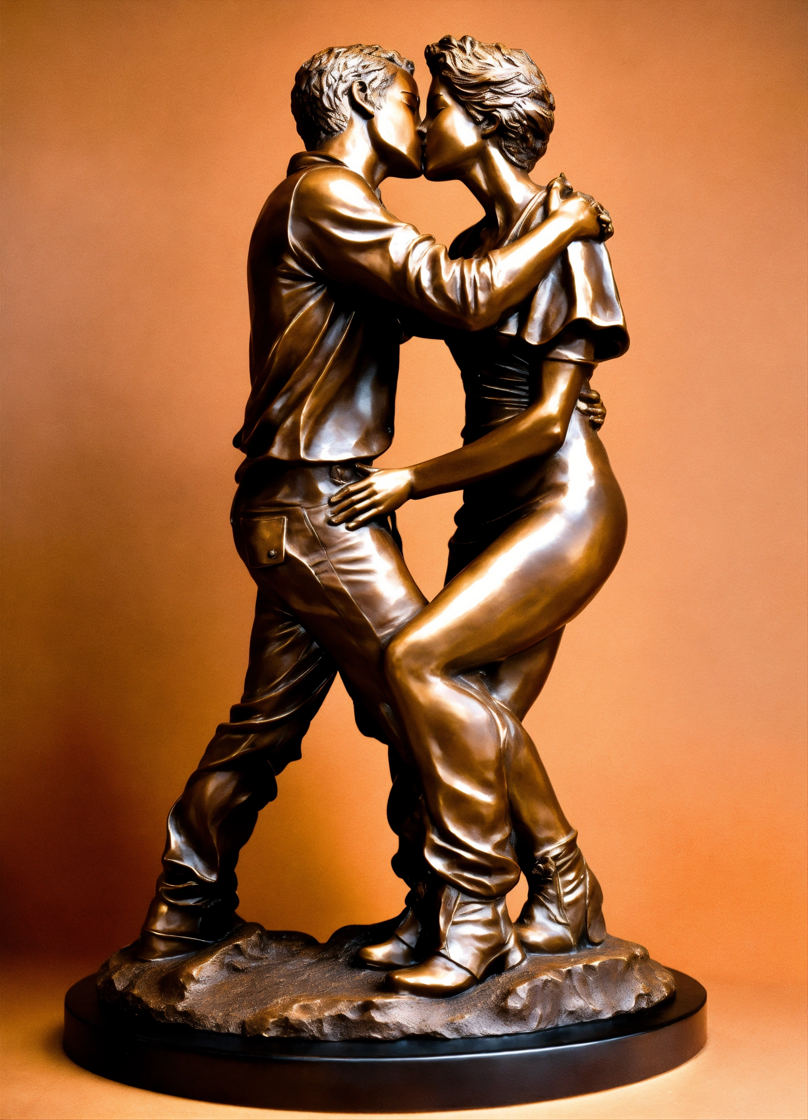Lexica A bronze sculpture of a couple kissing and embracing, aged on