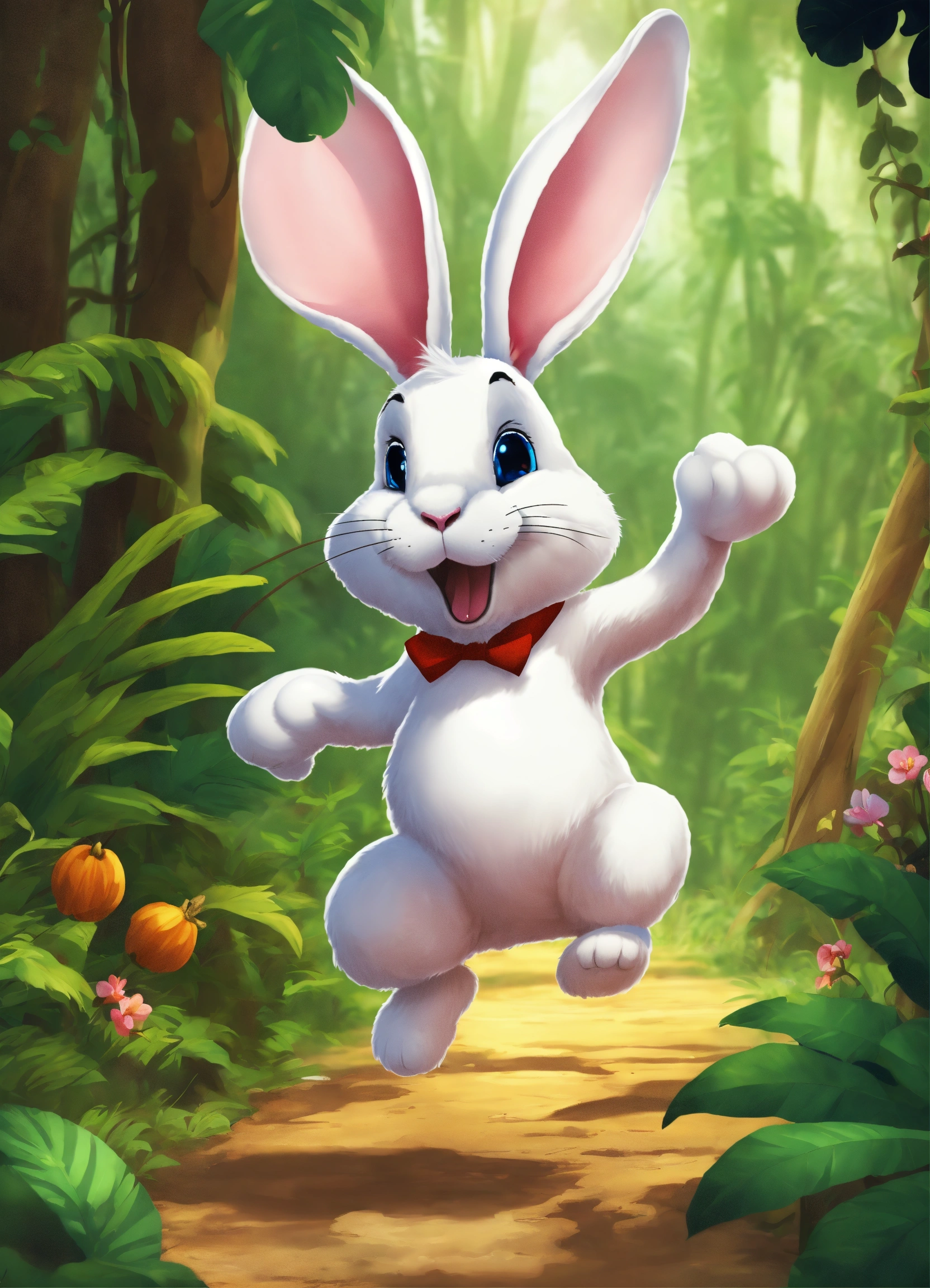 Lexica - Let cartoon big white rabbit run on two legs in jungle