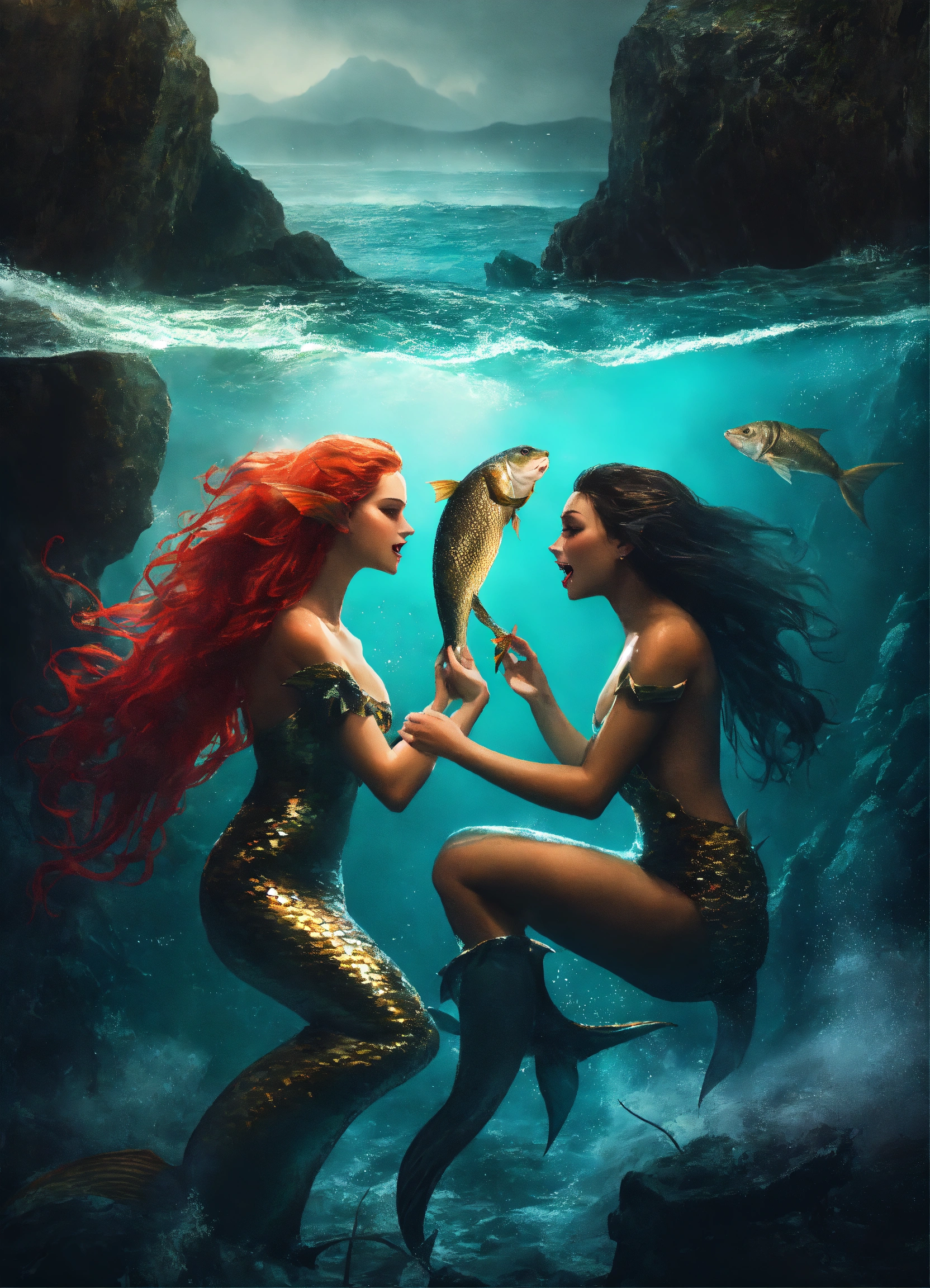 Lexica - Create a 4k detailed photo of two evil (mermaids) fighting ...