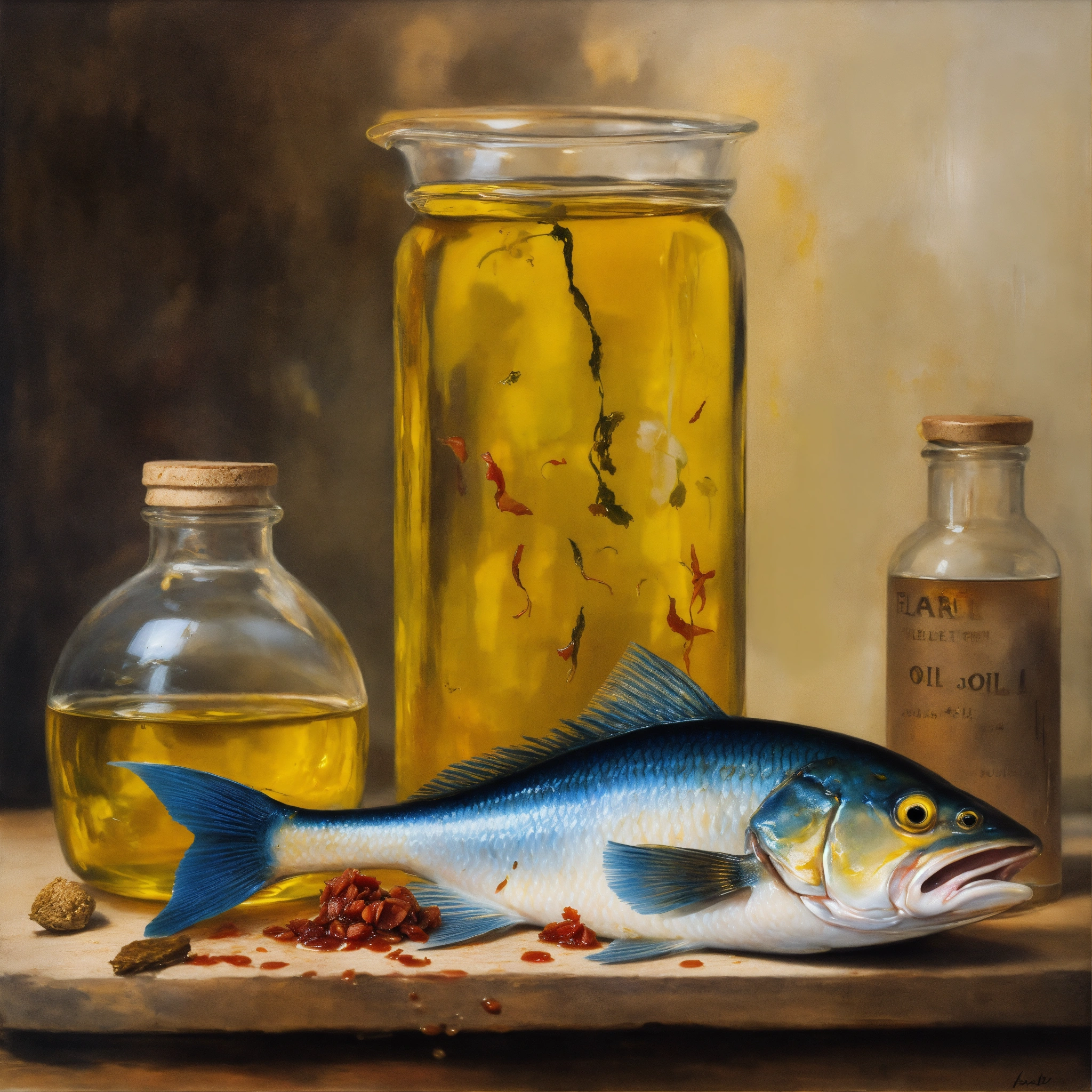 Lexica - Concept art of a vintage glass of yellow oil, fish head and ...