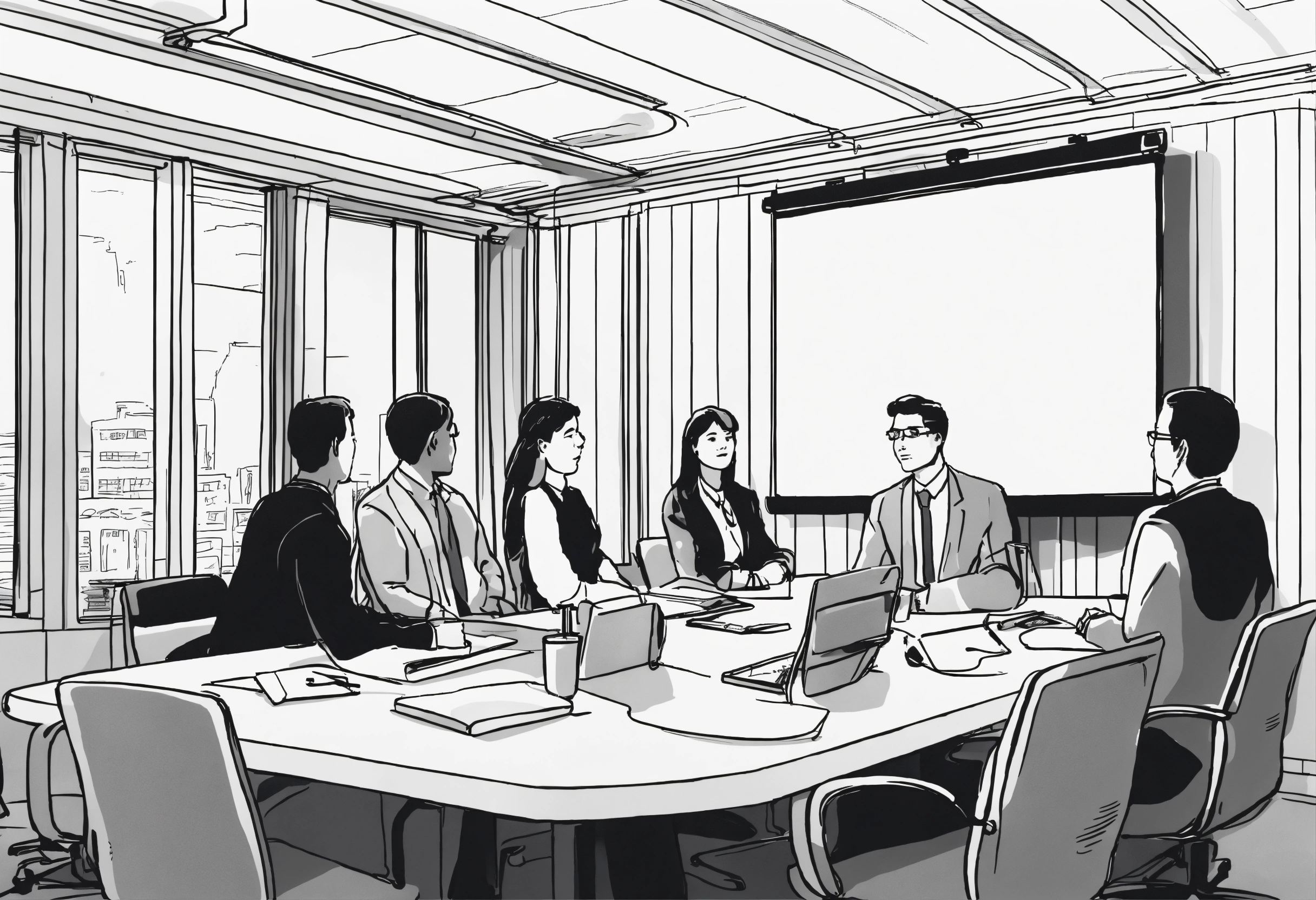 Lexica - Detailed line drawing of a conference room with three people ...