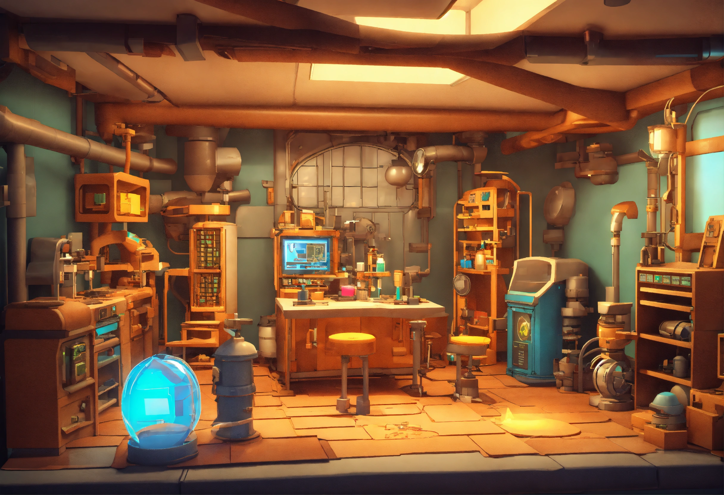 Lexica - Cartoon 3D Game Environment. Building Machines, Lab