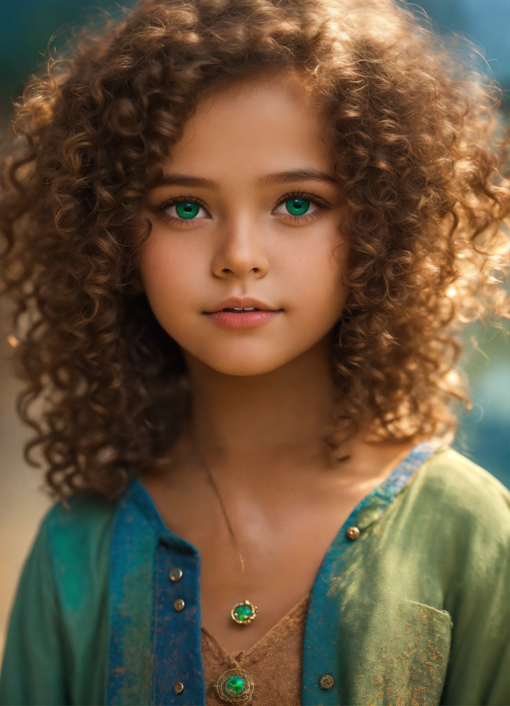 Lexica - A female, child, sandy brown skin, curly long brown hair, blue ...