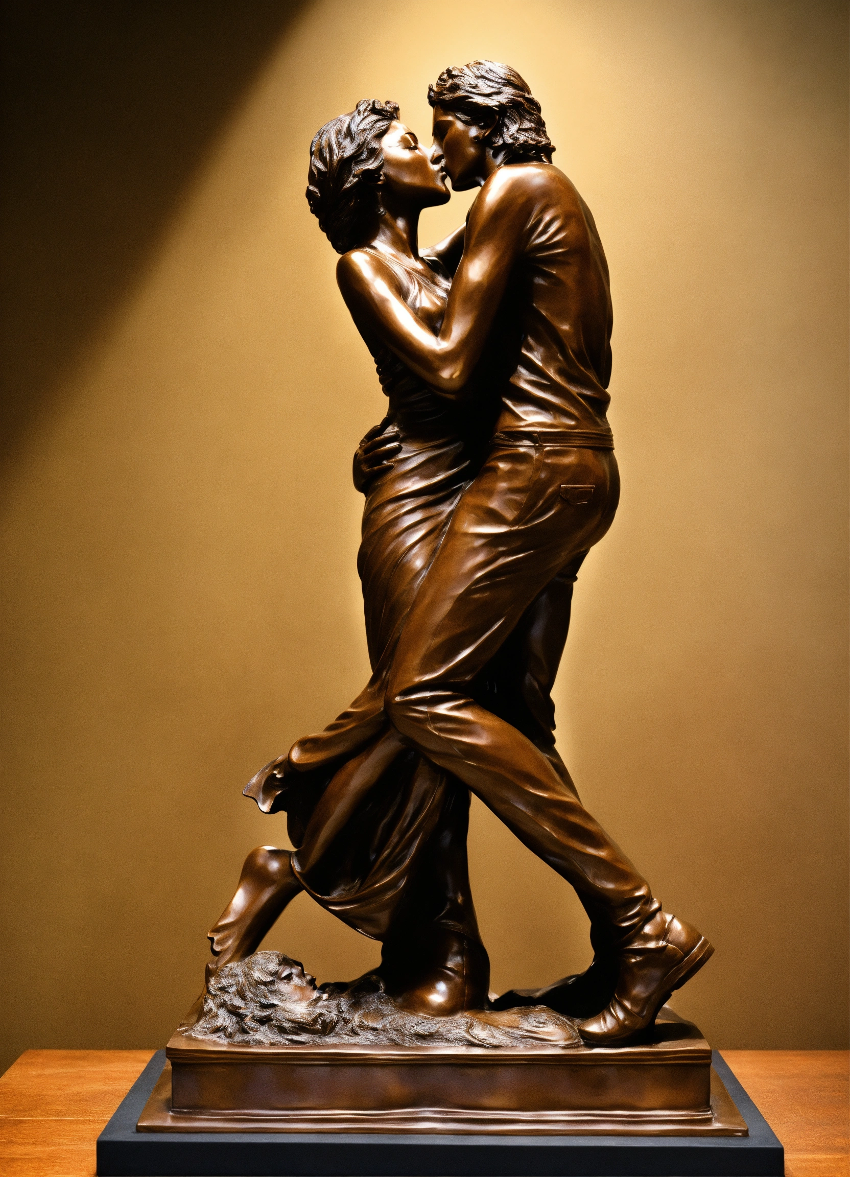 Lexica A bronze sculpture of a couple kissing and embracing, aged on