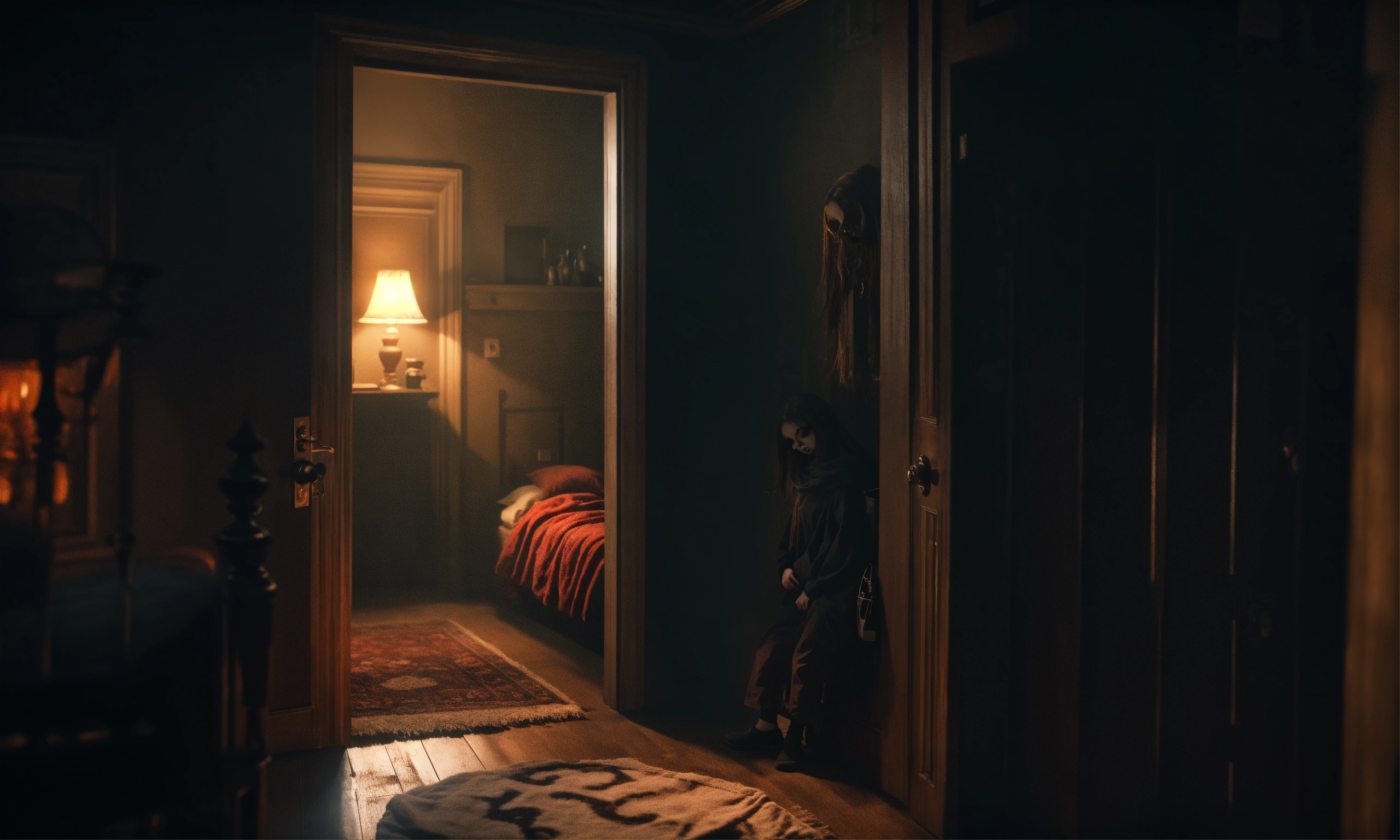 Lexica - Spooky dark room; girl sleeping; a demon at the door; scary ...