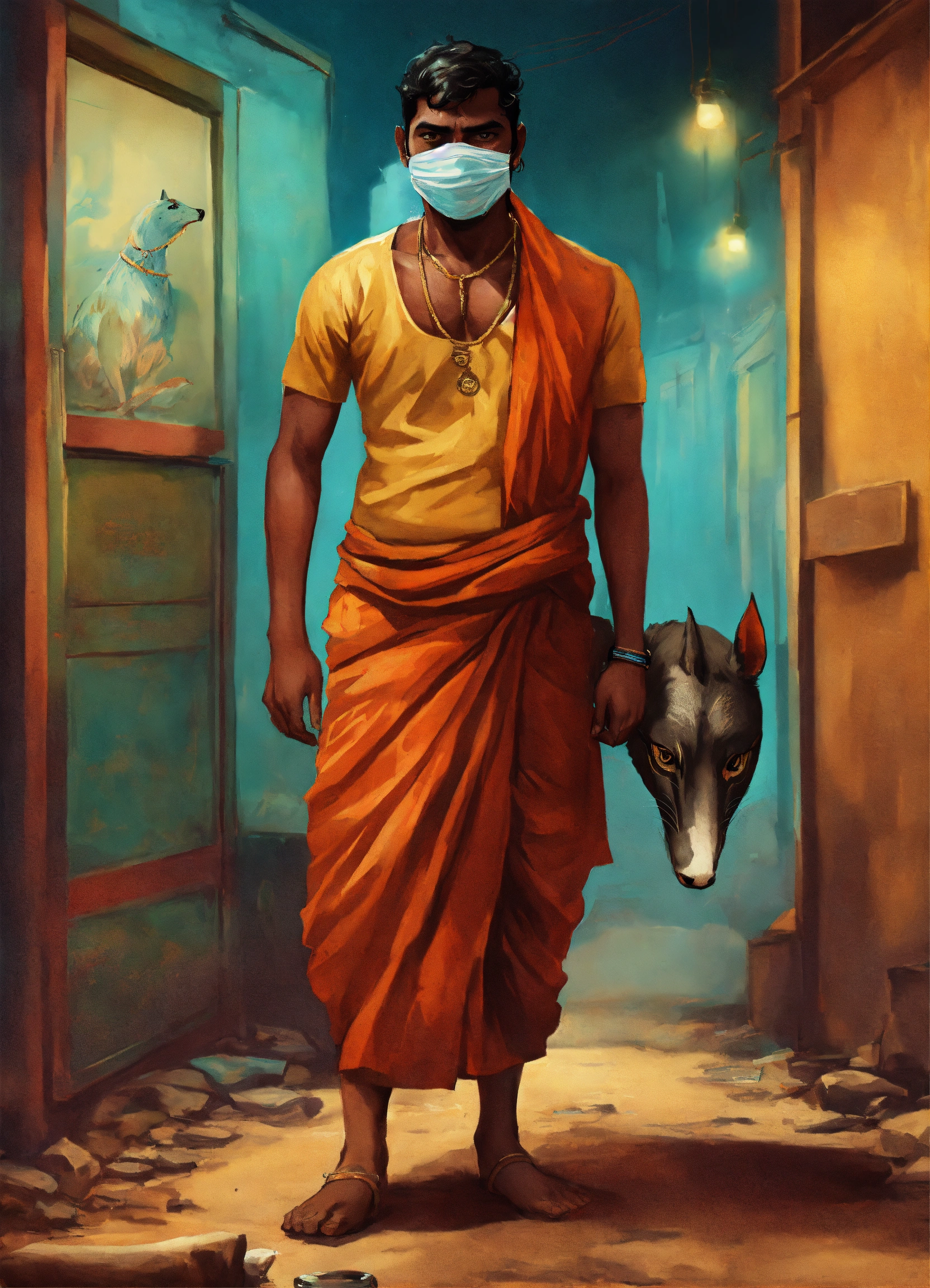 Lexica A tamil goon wearing lungi , and a animal mask in a gritty and