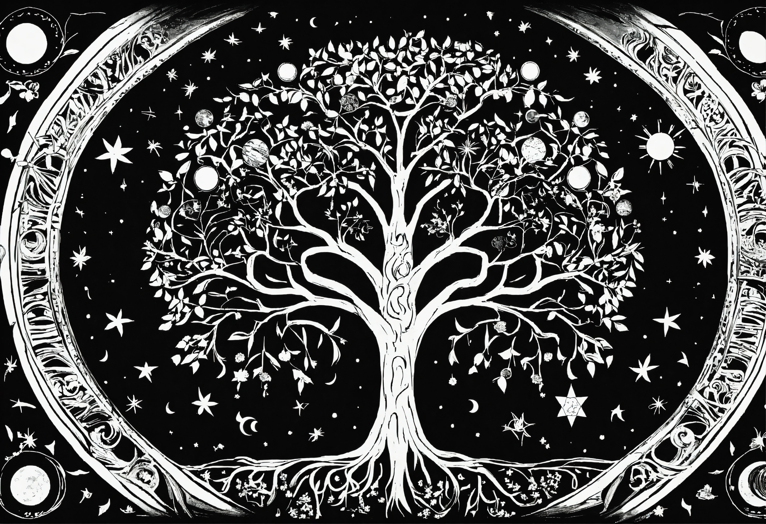 Lexica - Tree of life black and white no leaf with moon sun and stars