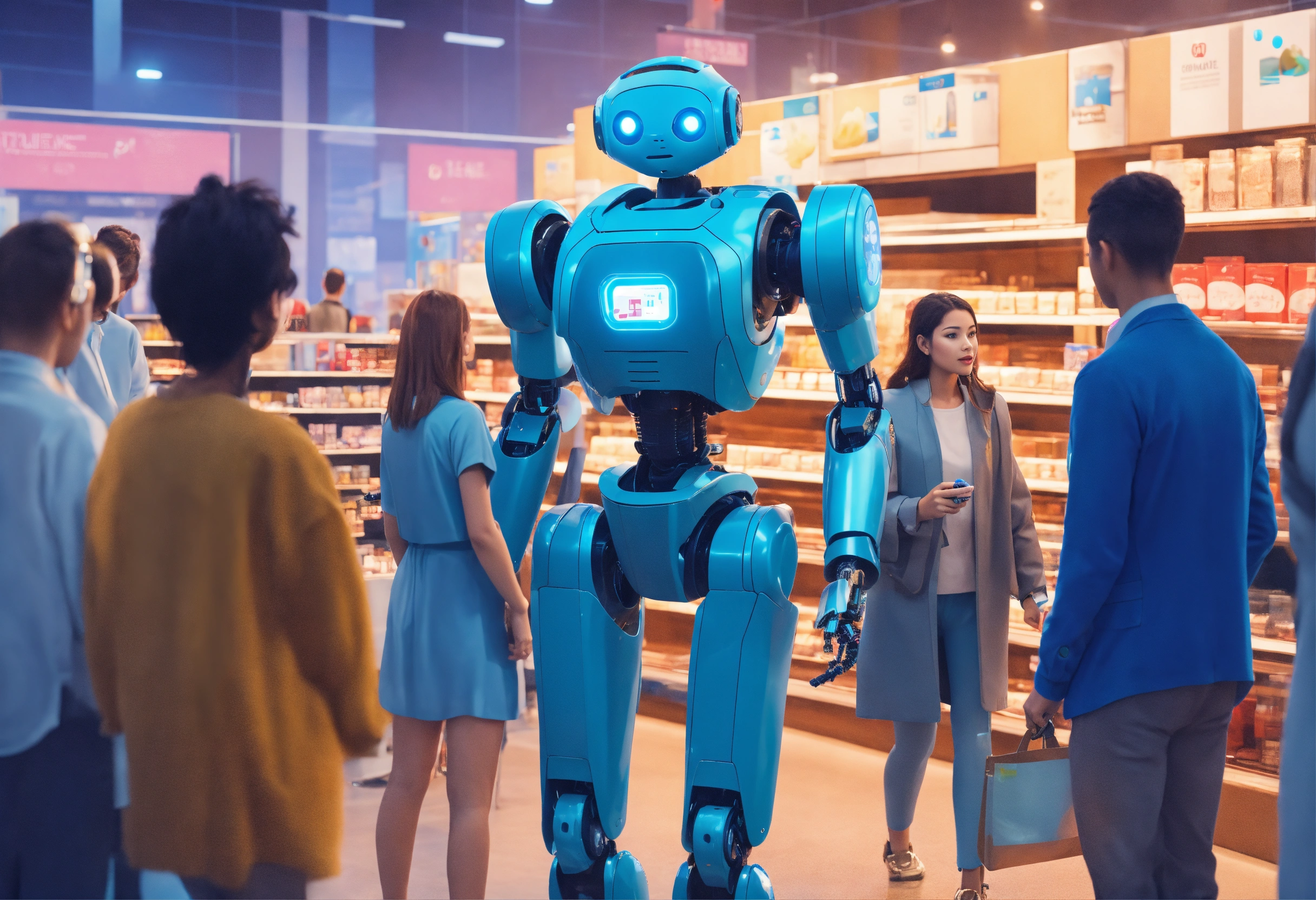 Lexica - Humanoid bot helping a group of people buying, blue palette