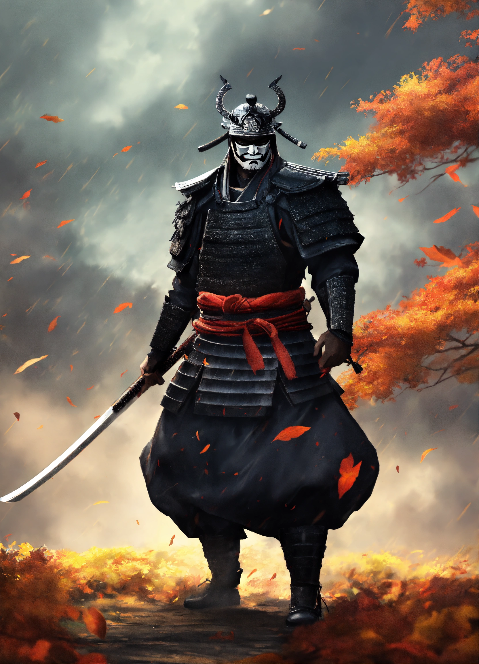 Lexica - Animated. Samurai with black mask. Standing in an autumn storm.