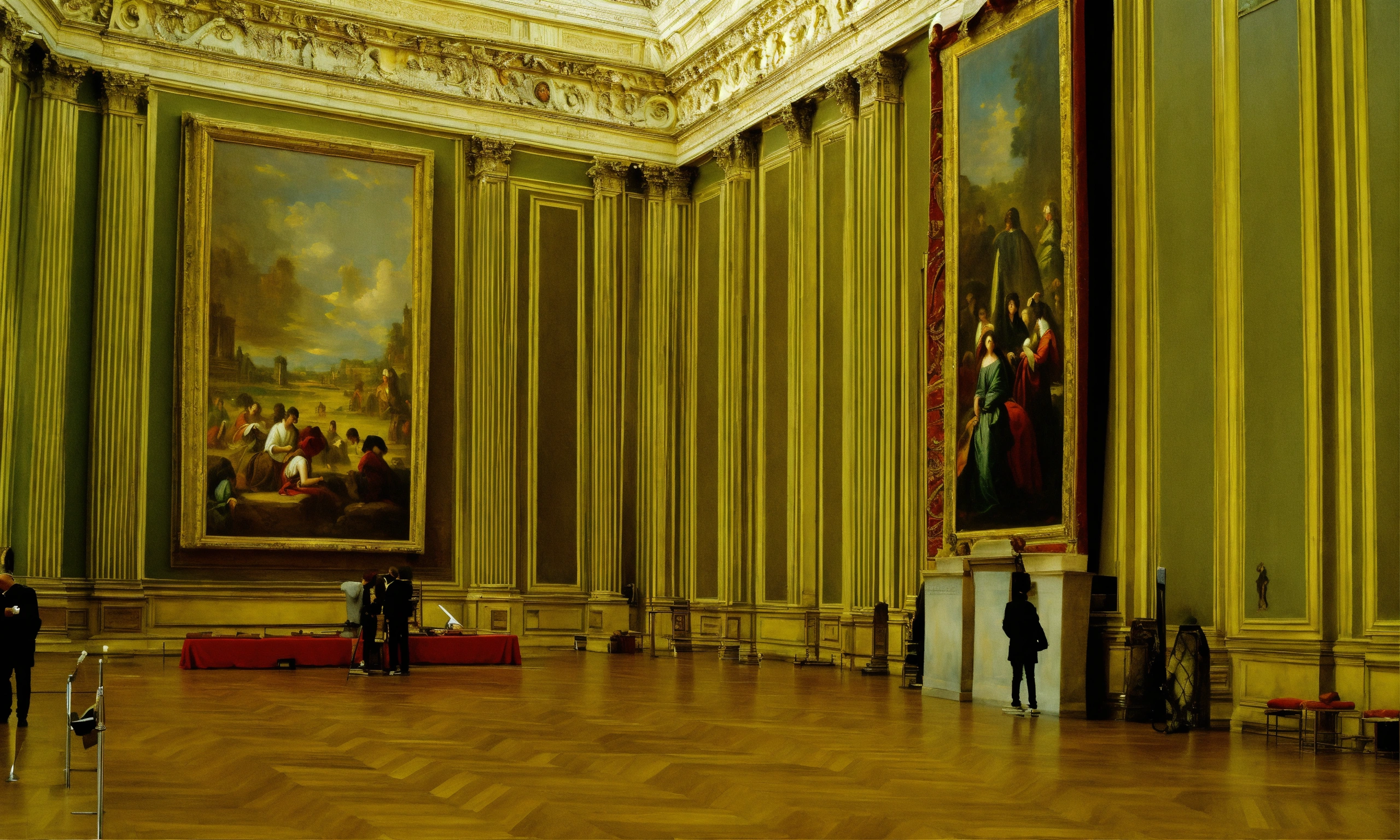 Lexica - Large room at the louvre with massive square painting on the wall.