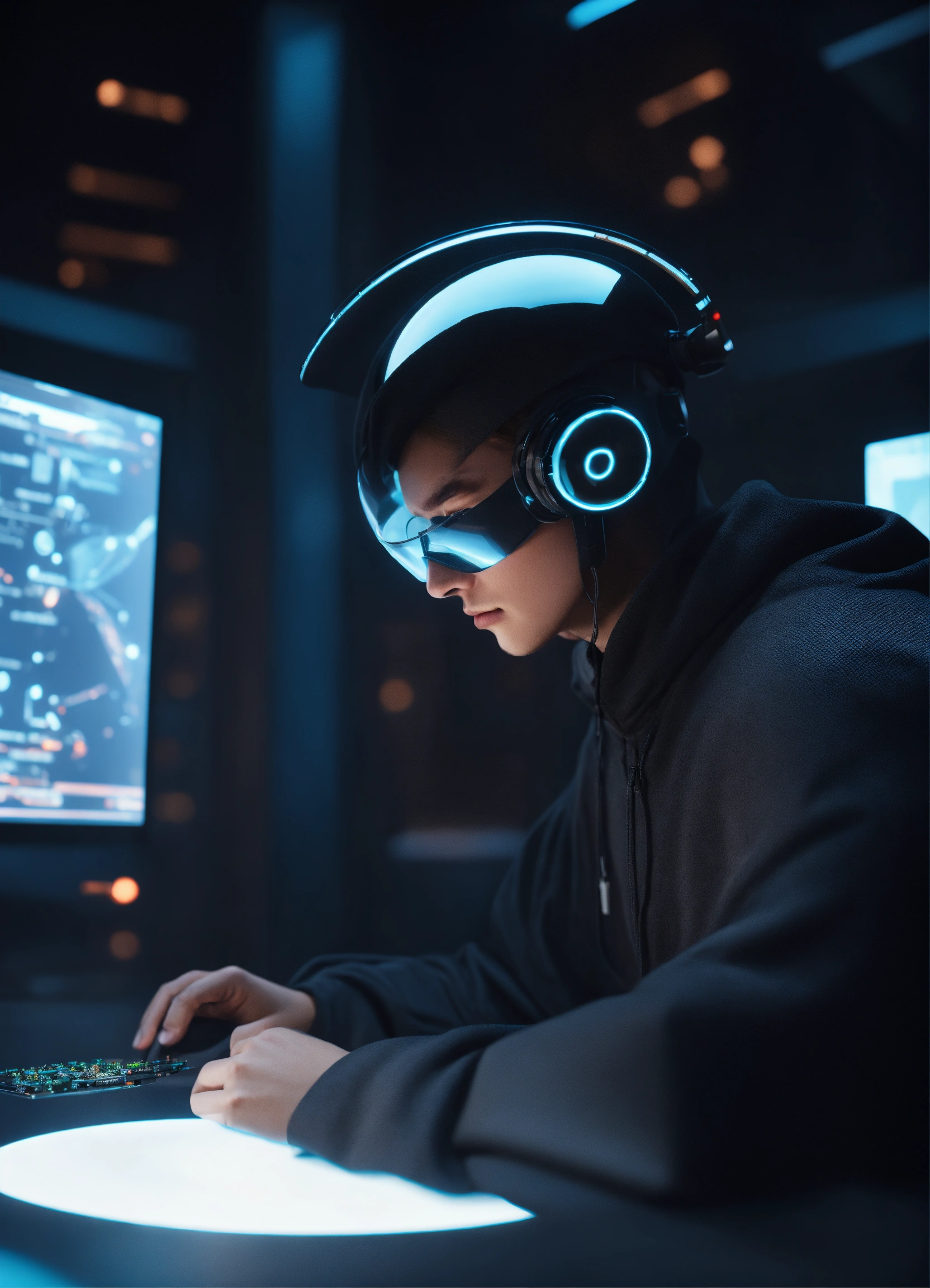 Lexica - Nerdy 25 year old male hacker wearing futuristic black ...